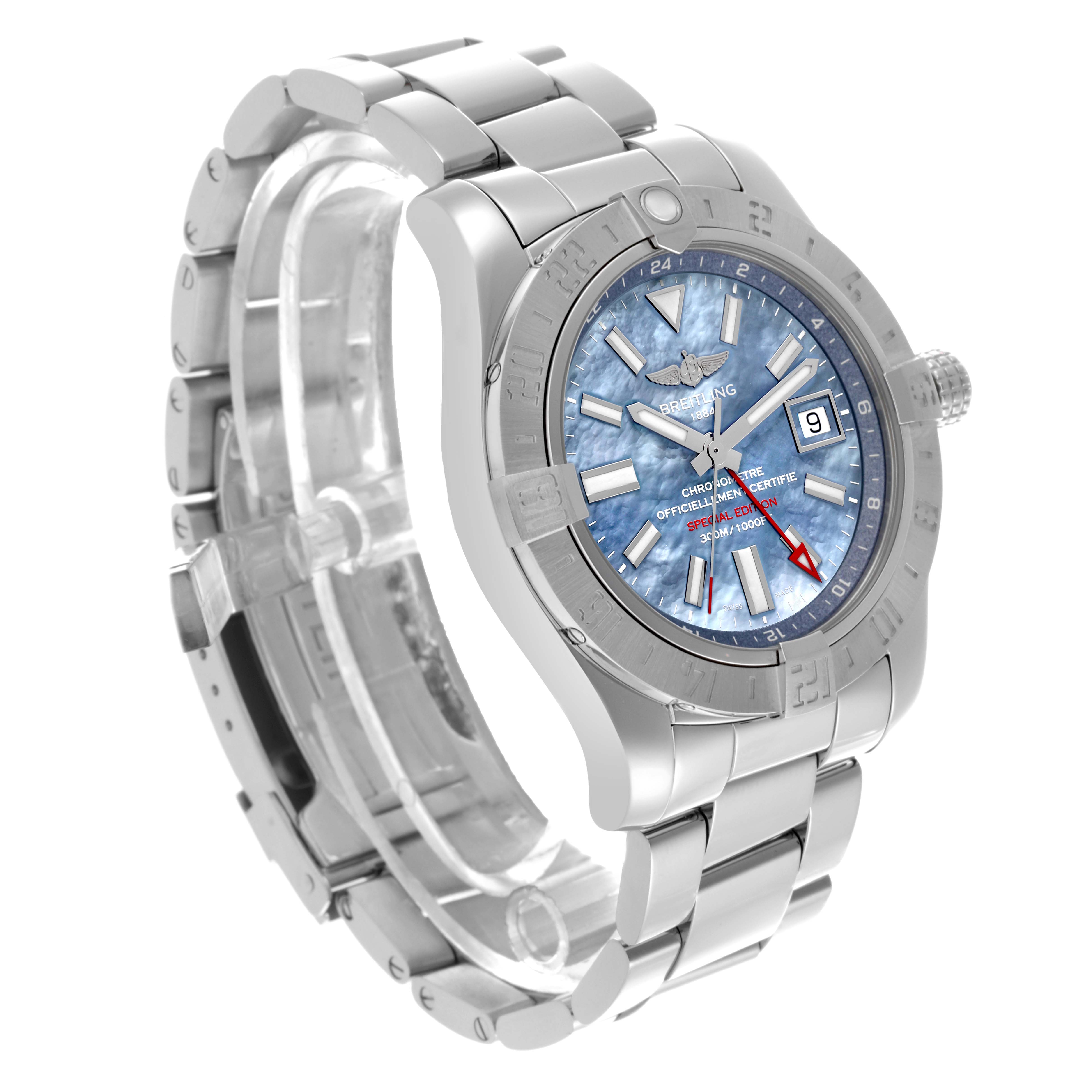 The Breitling Avenger A3239011/C930 Men's Stainless Steel Mother of Pearl Dial A3239011/C930 Men's Stainless Steel Mother of Pearl Dial watch is shown at a three-quarter angle, highlighting the case, bracelet, dial, and bezel.
