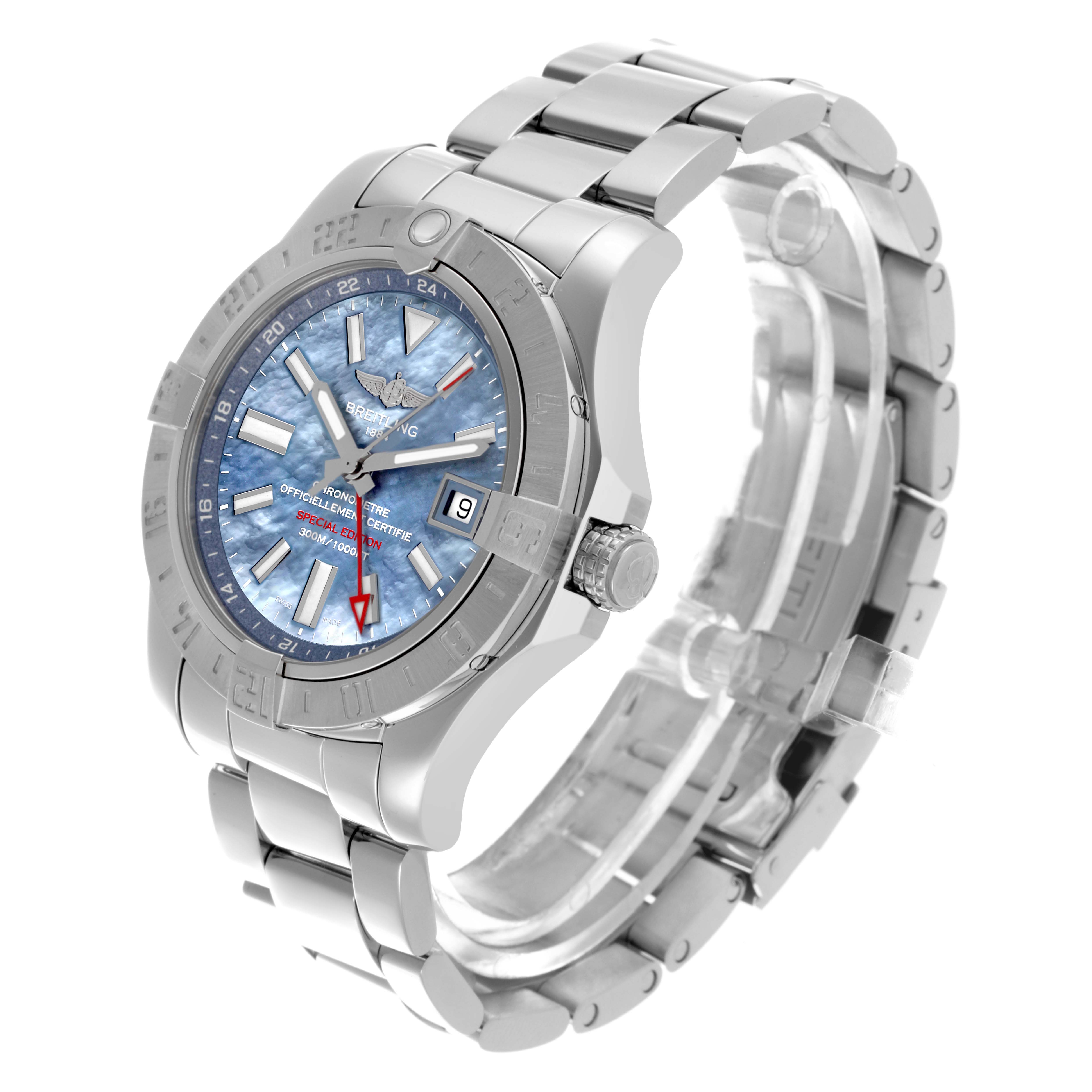 The Breitling Avenger A3239011/C930 Men's Stainless Steel Mother of Pearl Dial A3239011/C930 Men's Stainless Steel Mother of Pearl Dial watch is shown at a three-quarter angle, highlighting the face, bezel, crown, and stainless steel bracelet.