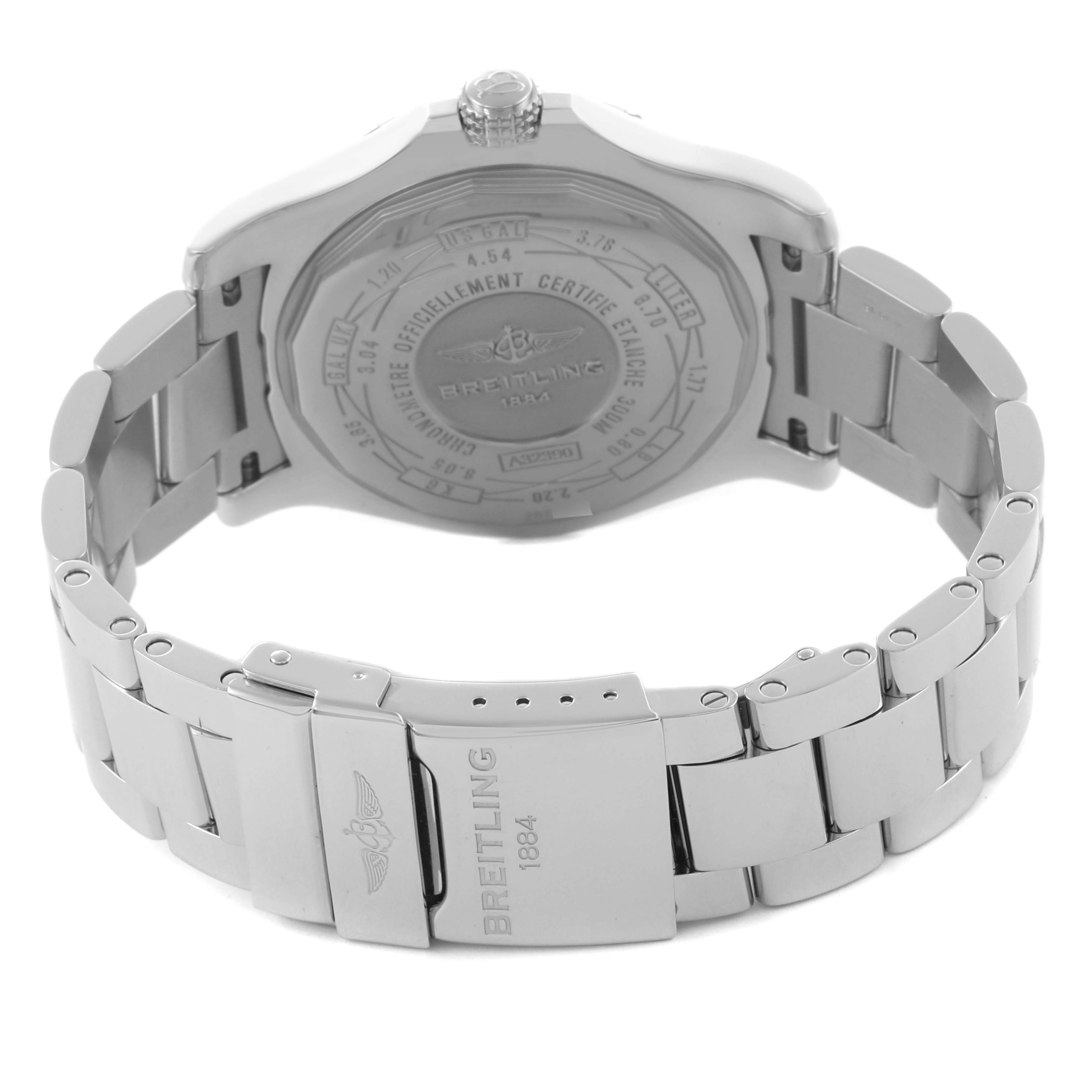 The image shows the back view of a Breitling Avenger A3239011/C930 Men's Stainless Steel Mother of Pearl Dial A3239011/C930 Men's Stainless Steel Mother of Pearl Dial watch, highlighting the case back and metal bracelet with clasp.