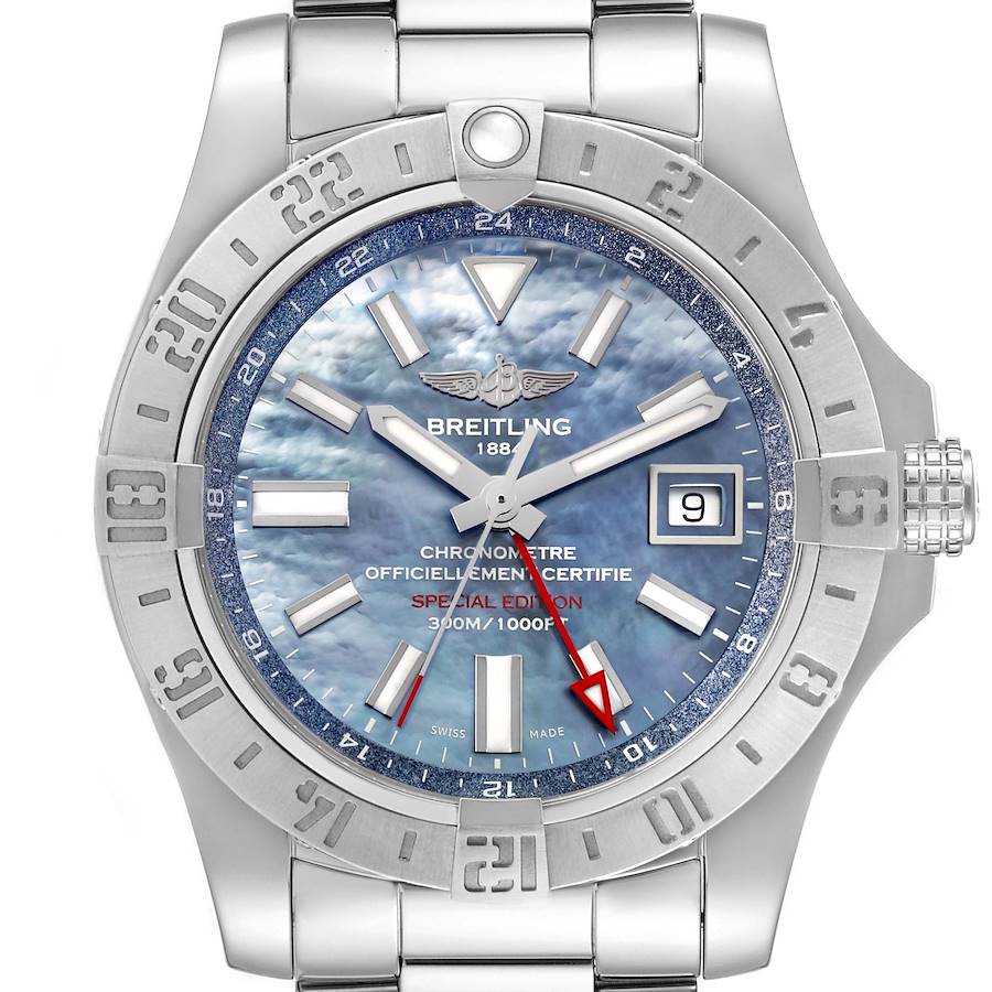 The Breitling Avenger watch is shown from a top-down angle, highlighting the face, bezel, crown, and bracelet.