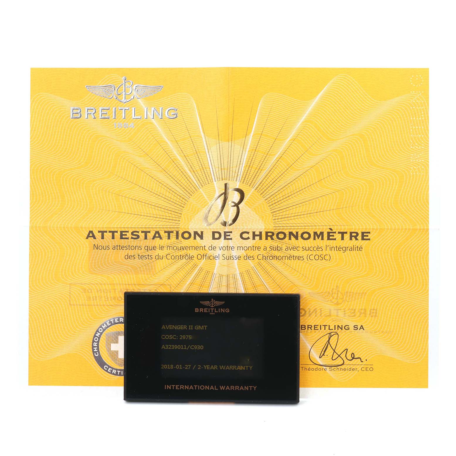 The image shows the warranty card and chronometer certificate for a Breitling Avenger A3239011/C930 Men's Stainless Steel Mother of Pearl Dial A3239011/C930 Men's Stainless Steel Mother of Pearl Dial watch.