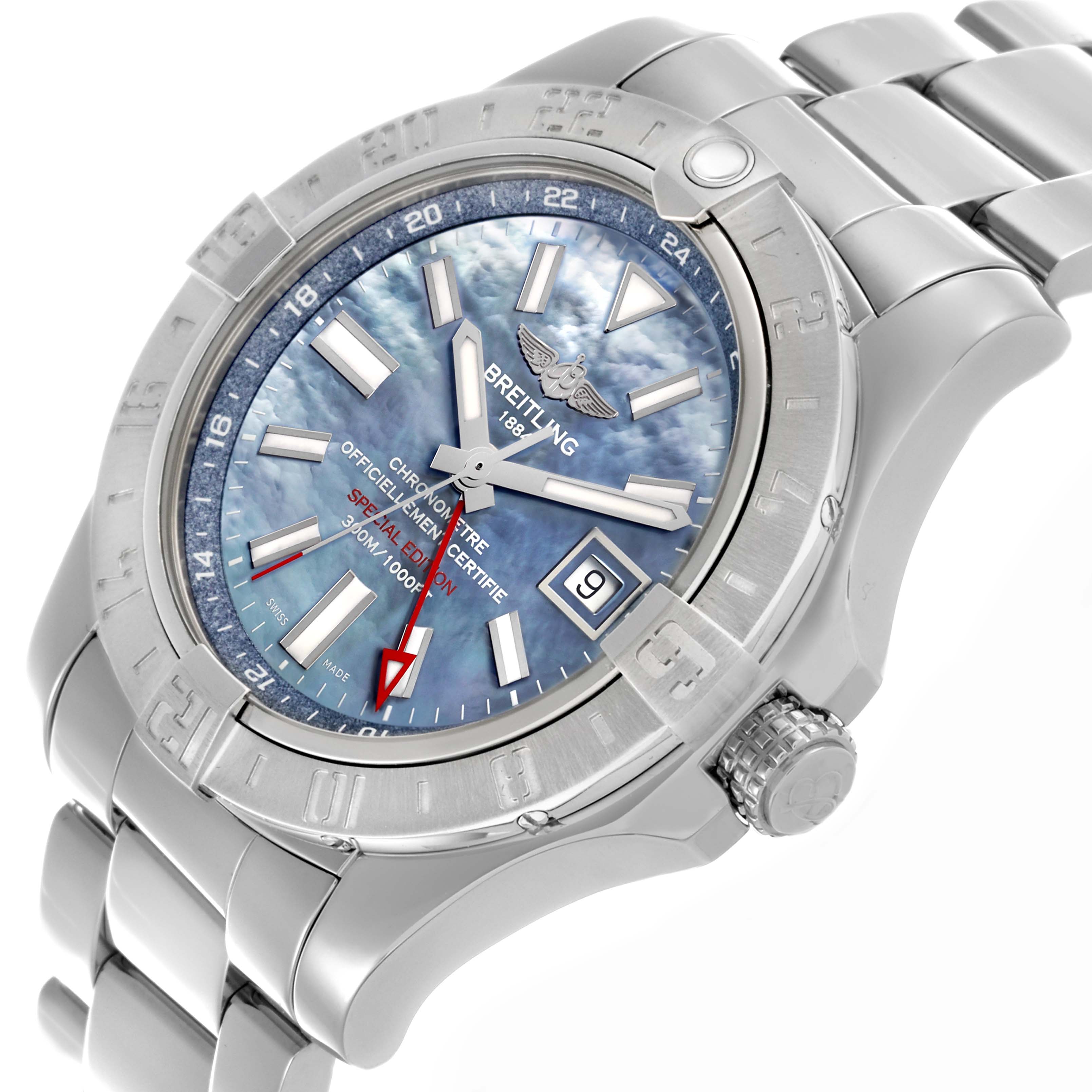 The Breitling Avenger A3239011/C930 Men's Stainless Steel Mother of Pearl Dial A3239011/C930 Men's Stainless Steel Mother of Pearl Dial watch is shown from an angle highlighting the face, bezel, crown, and part of the bracelet.