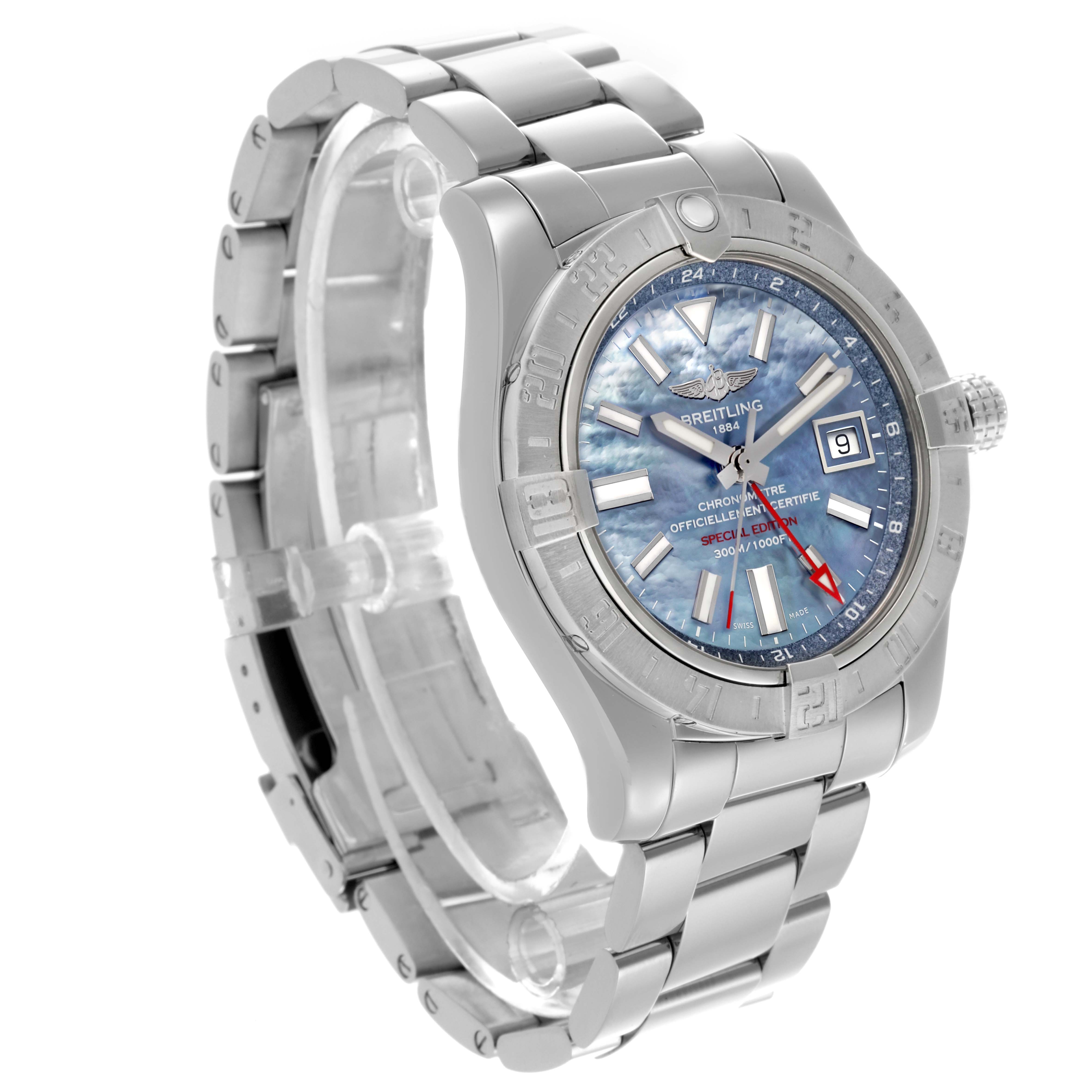 The Breitling Avenger A3239011/C930 Men's Stainless Steel Mother of Pearl Dial A3239011/C930 Men's Stainless Steel Mother of Pearl Dial watch is shown at a three-quarter angle, displaying the full dial, bezel, crown, and bracelet.