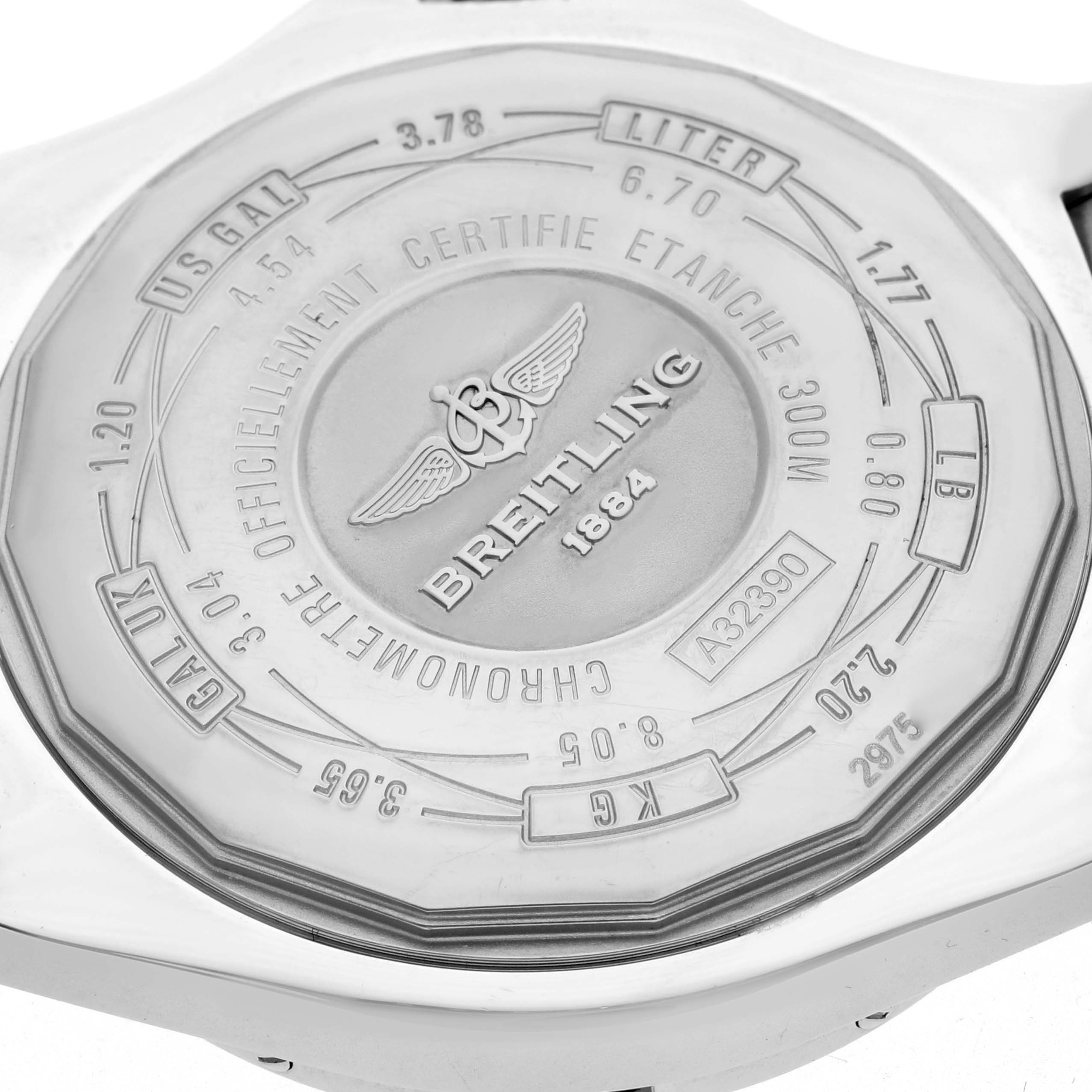 The image shows the back case of a Breitling Avenger A3239011/C930 Men's Stainless Steel Mother of Pearl Dial A3239011/C930 Men's Stainless Steel Mother of Pearl Dial watch, featuring engravings and specifications.