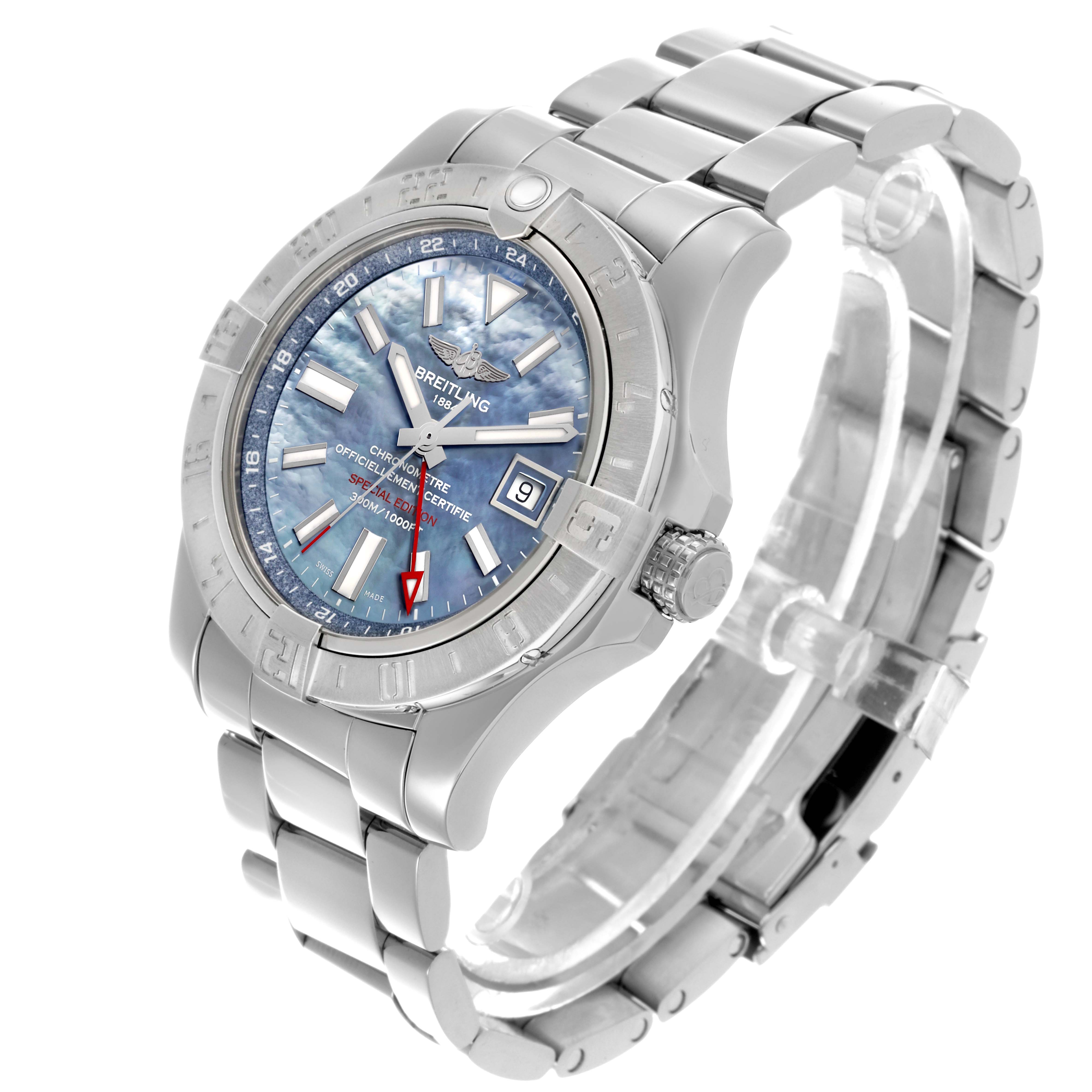 The Breitling Avenger A3239011/C930 Men's Stainless Steel Mother of Pearl Dial A3239011/C930 Men's Stainless Steel Mother of Pearl Dial watch is shown at a three-quarter angle, highlighting the dial, bezel, bracelet, and crown.