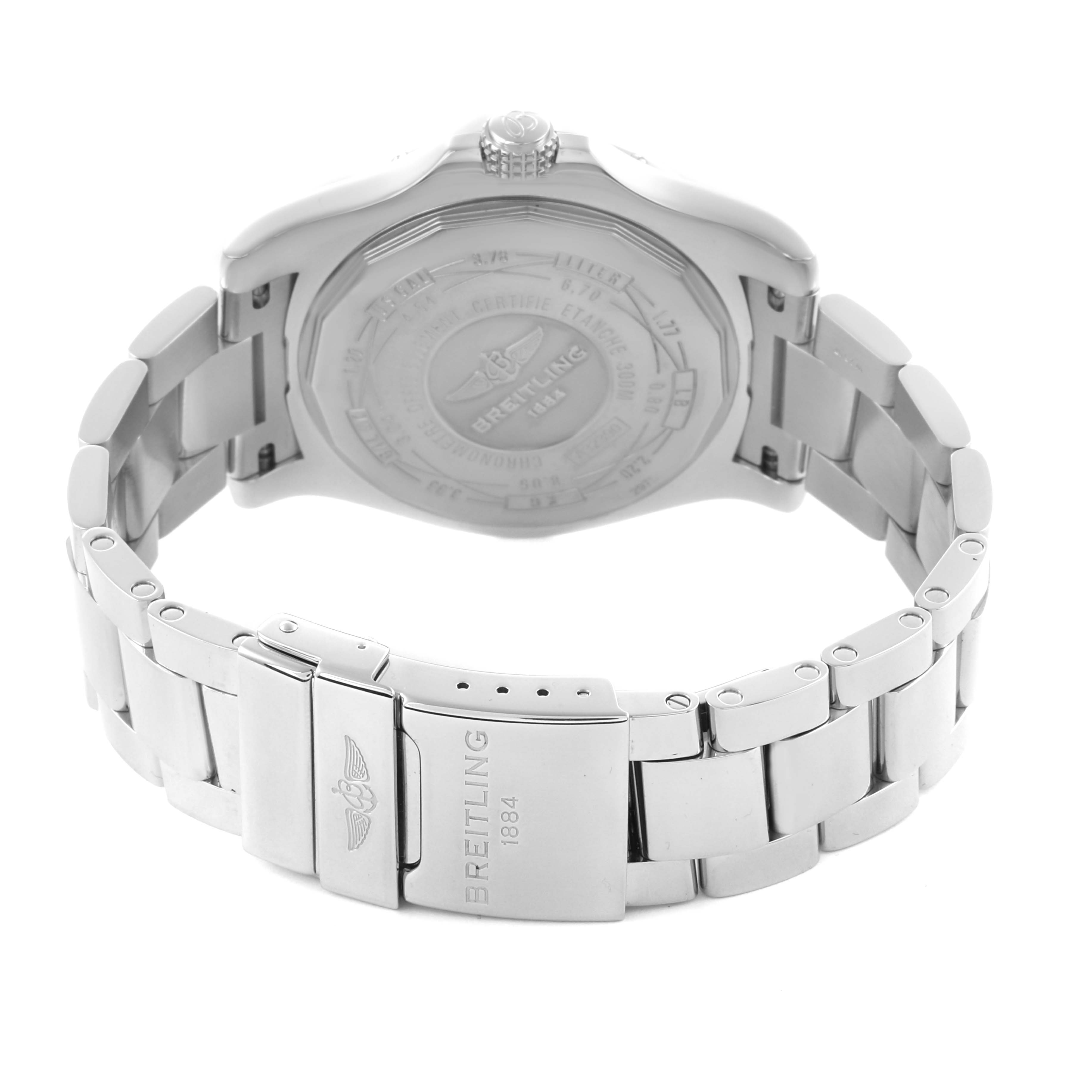 The image shows the back of the watch case and bracelet clasp of a Breitling Avenger A3239011/C930 Men's Stainless Steel Mother of Pearl Dial A3239011/C930 Men's Stainless Steel Mother of Pearl Dial.