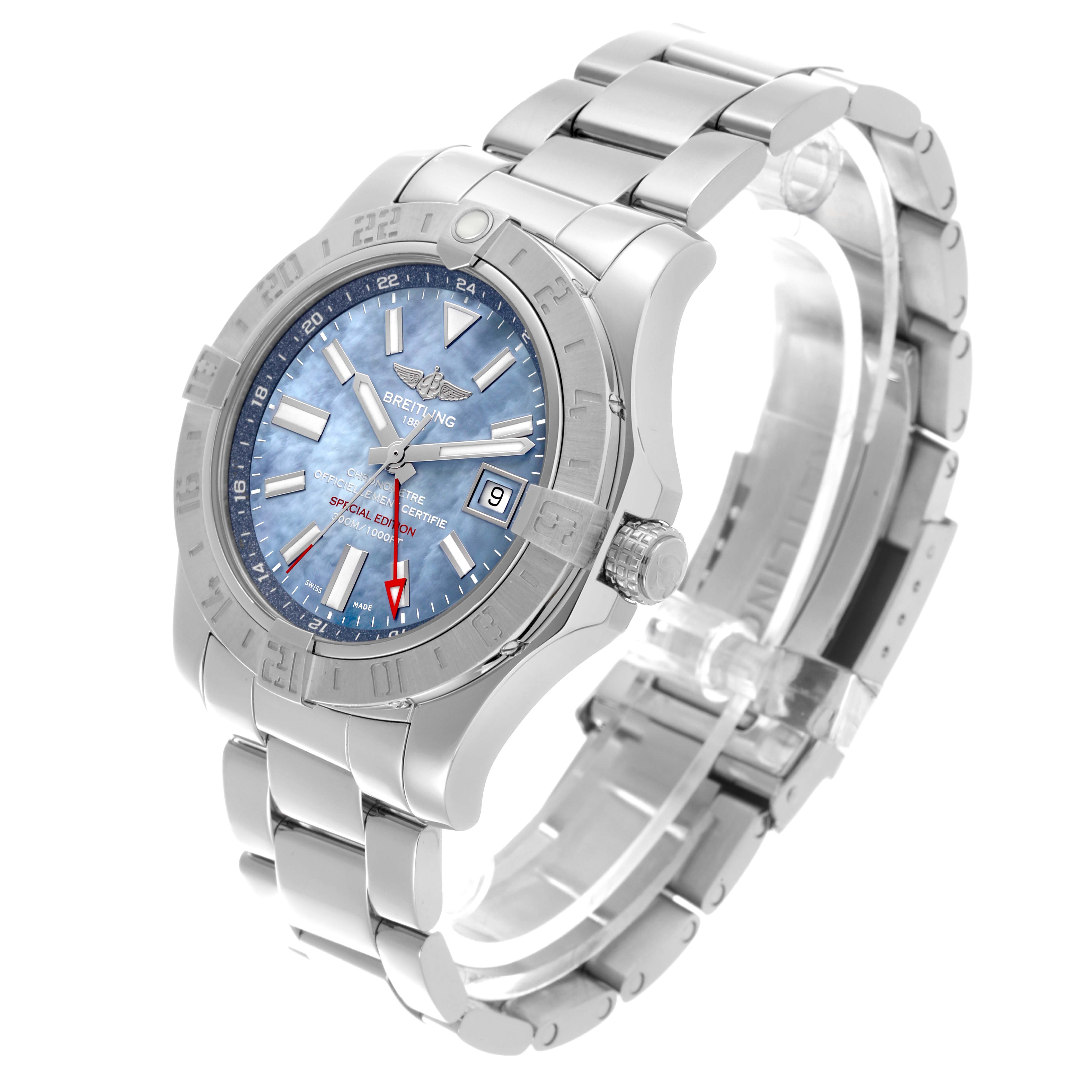 The Breitling Avenger A3239011/C930 Men's Stainless Steel Mother of Pearl Dial A3239011/C930 Men's Stainless Steel Mother of Pearl Dial watch is shown at a three-quarter angle, displaying its face, bezel, case, and metal bracelet.