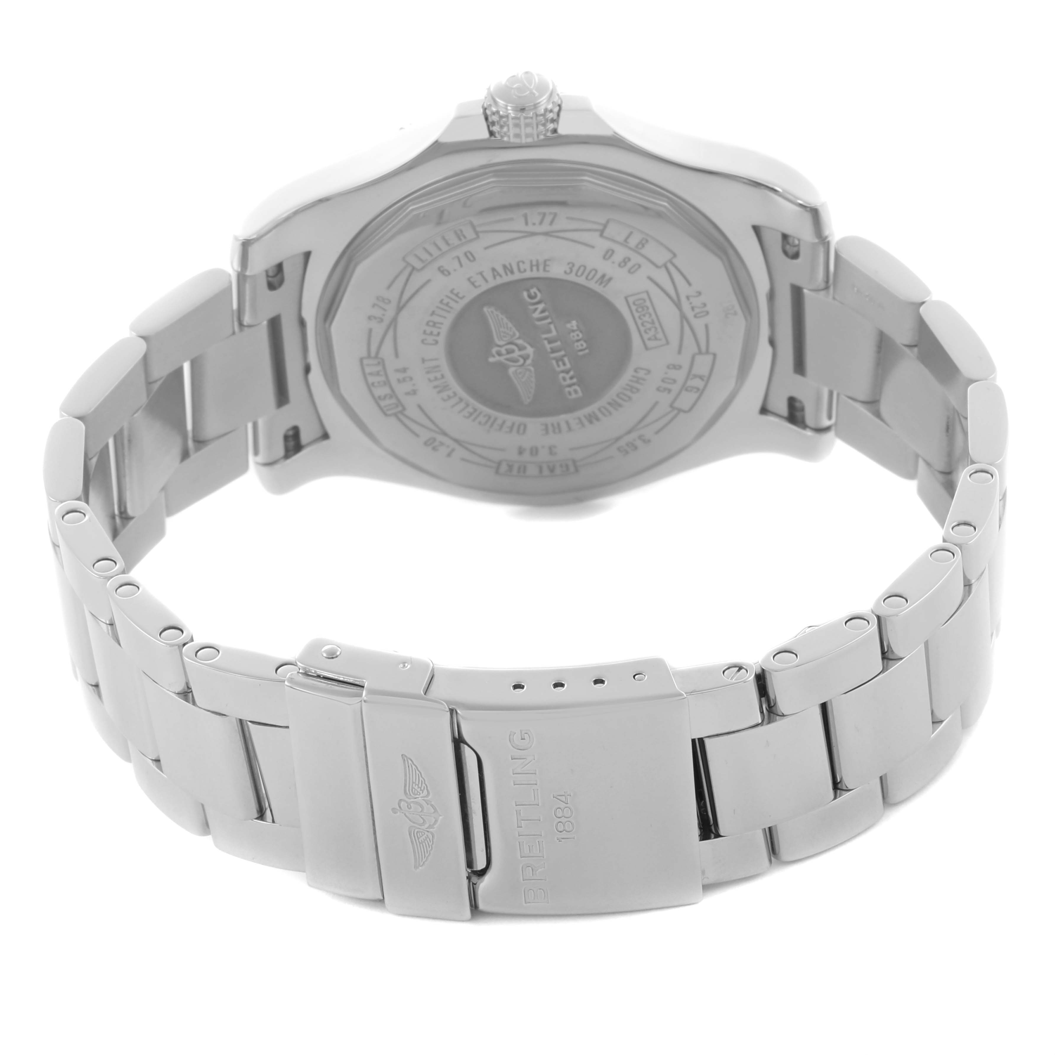 The image shows the back case and metal bracelet of the Breitling Avenger A3239011/C930 Men's Stainless Steel Mother of Pearl Dial A3239011/C930 Men's Stainless Steel Mother of Pearl Dial watch.