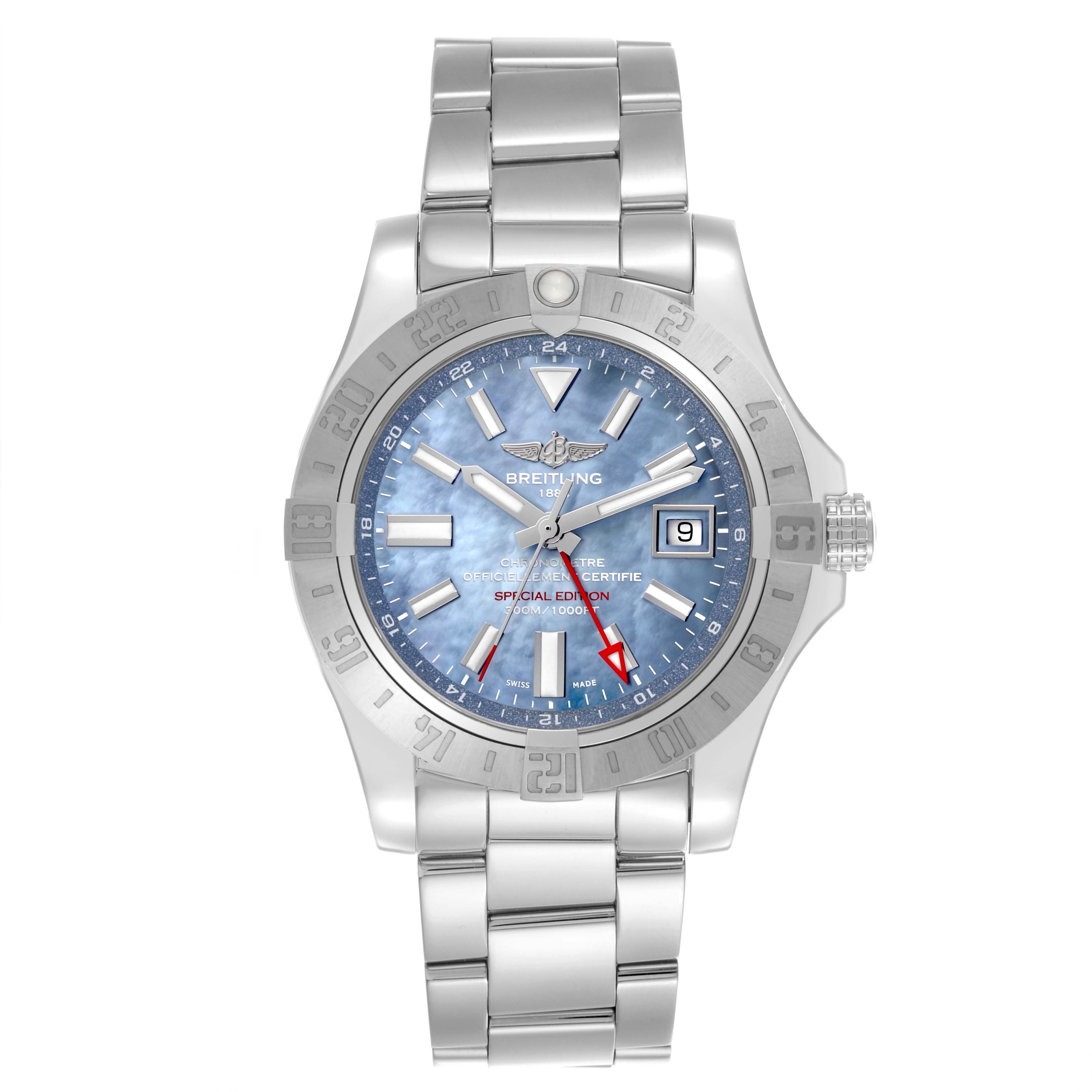 The Breitling Avenger A3239011/C930 Men's Stainless Steel Mother of Pearl Dial A3239011/C930 Men's Stainless Steel Mother of Pearl Dial watch is shown from a front angle, displaying the face, bezel, and bracelet.