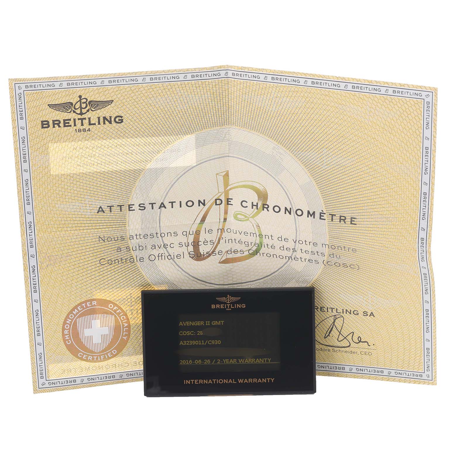 The image shows a Breitling Avenger A3239011/C930 Men's Stainless Steel Mother of Pearl Dial A3239011/C930 Men's Stainless Steel Mother of Pearl Dial model warranty card and chronometer certification document.