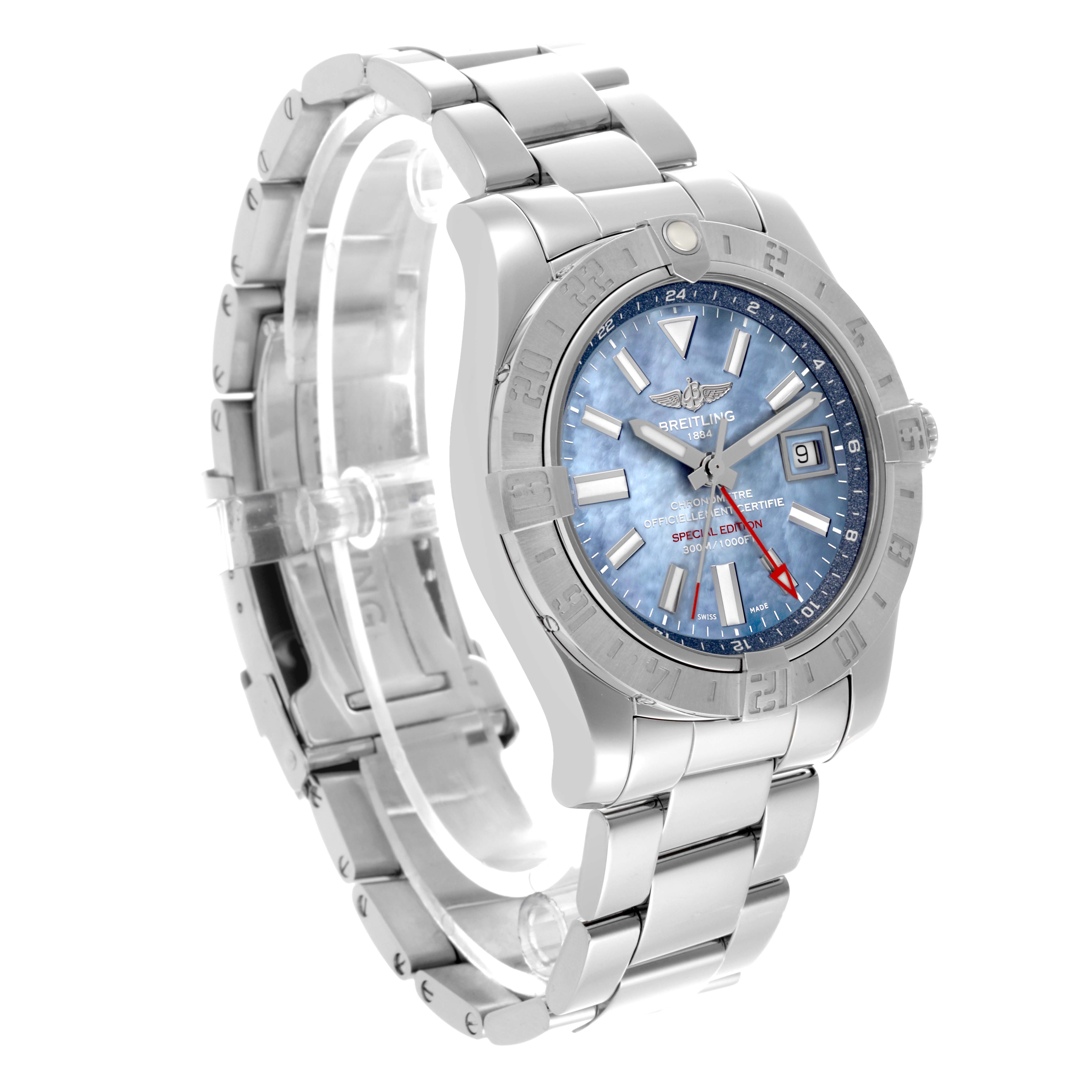 The Breitling Avenger A3239011/C930 Men's Stainless Steel Mother of Pearl Dial A3239011/C930 Men's Stainless Steel Mother of Pearl Dial watch is shown at a three-quarter angle, displaying the face, bezel, and bracelet.
