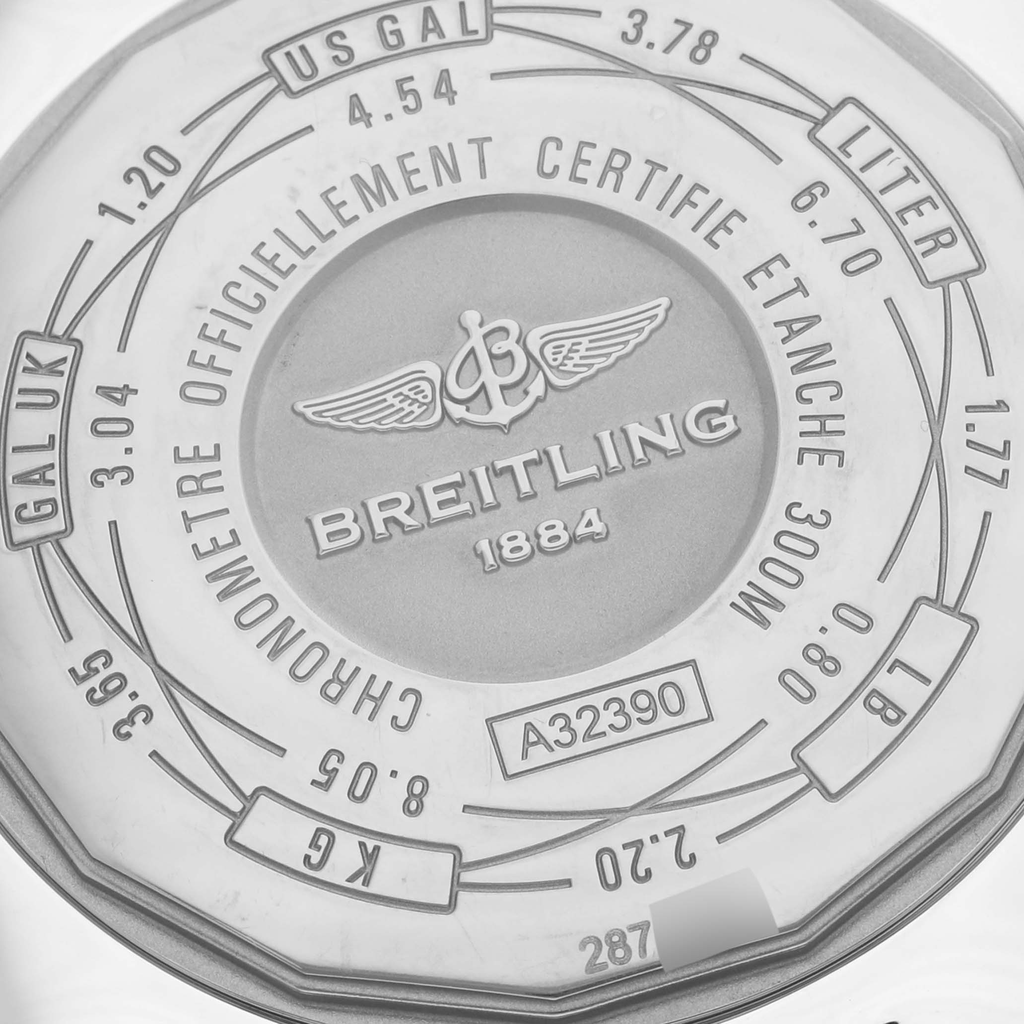 The image shows the back case of a Breitling Avenger A3239011/C930 Men's Stainless Steel Mother of Pearl Dial A3239011/C930 Men's Stainless Steel Mother of Pearl Dial watch, highlighting the brand logo, text, and model number.