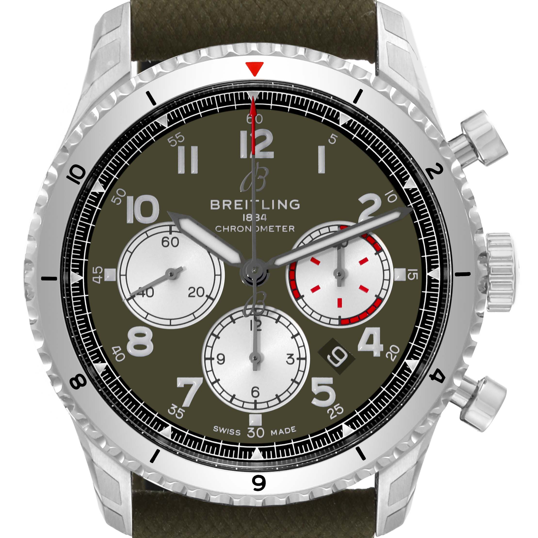 The Breitling Aviator AB01192A1L1X1 Men's Stainless Steel Green Dial AB01192A1L1X1 Men's Stainless Steel Green Dial watch is shown from the front, displaying the dial, bezel, and pushers.