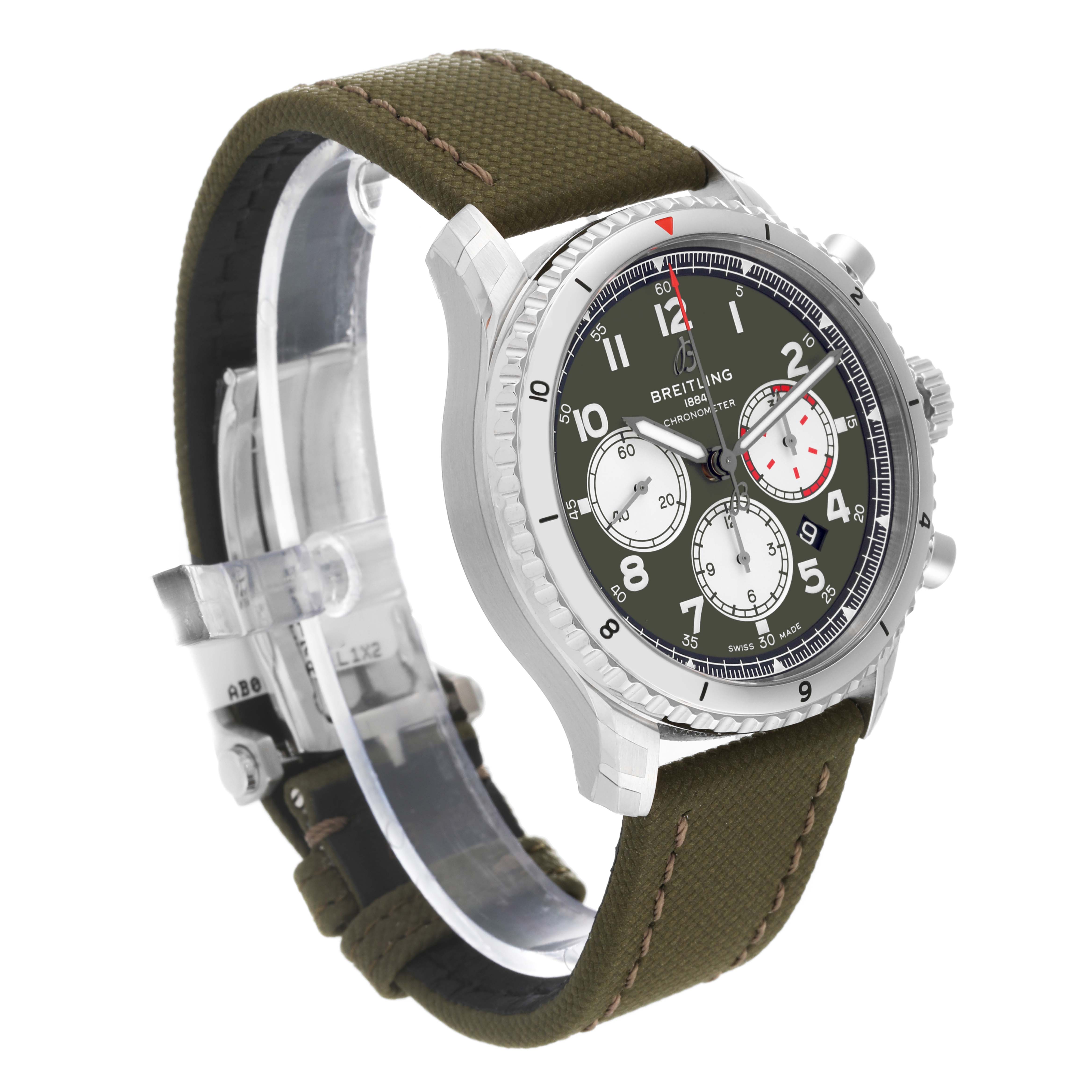 This image shows a side angle of the Breitling Navitimer watch, highlighting the watch face and olive green strap.