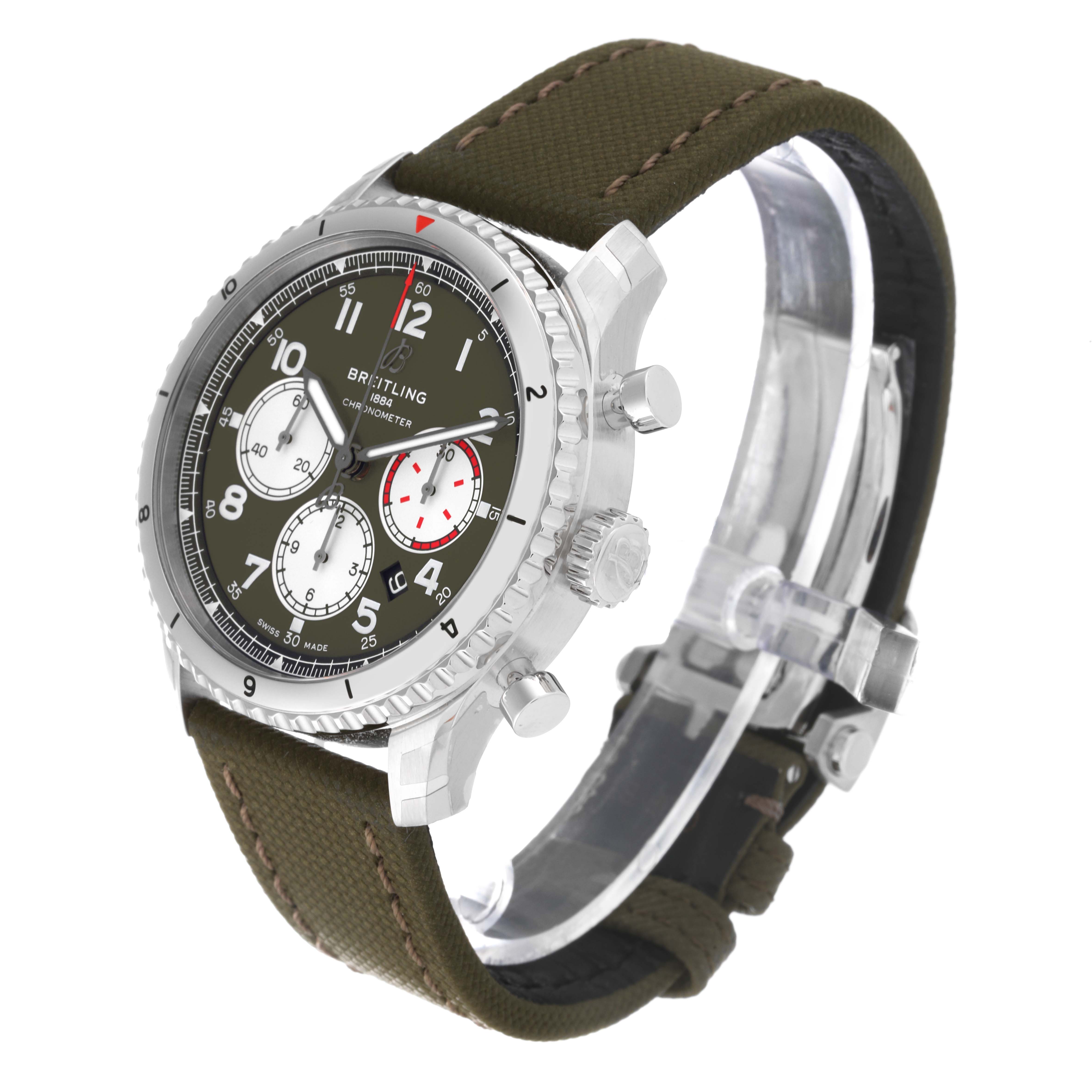 The Breitling Navitimer watch is shown at a slight angle from the side, displaying its face, bezel, crown, pushers, and strap.