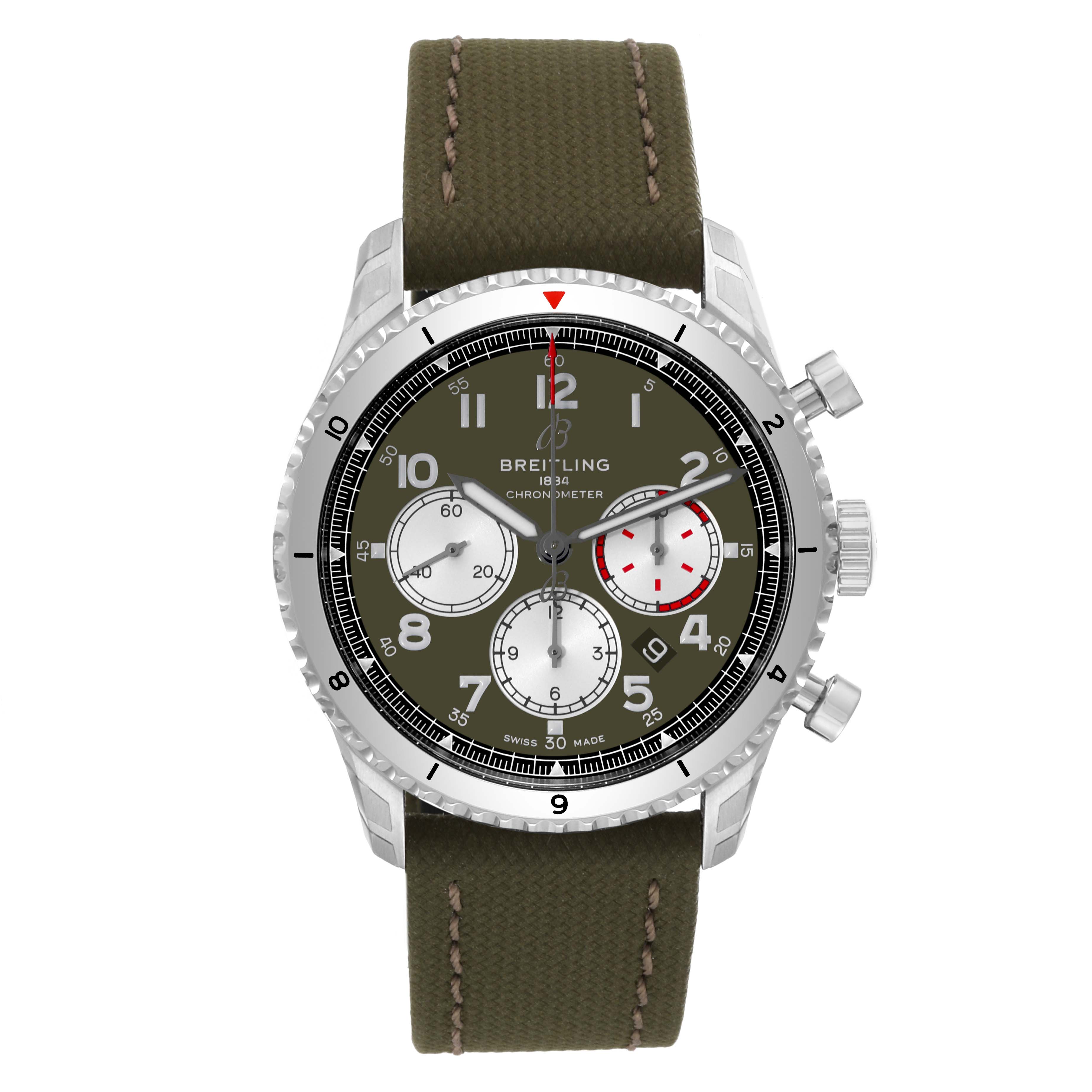 The image shows a front view of a Breitling Navitimer watch with an olive green strap and dial, and multiple sub-dials.