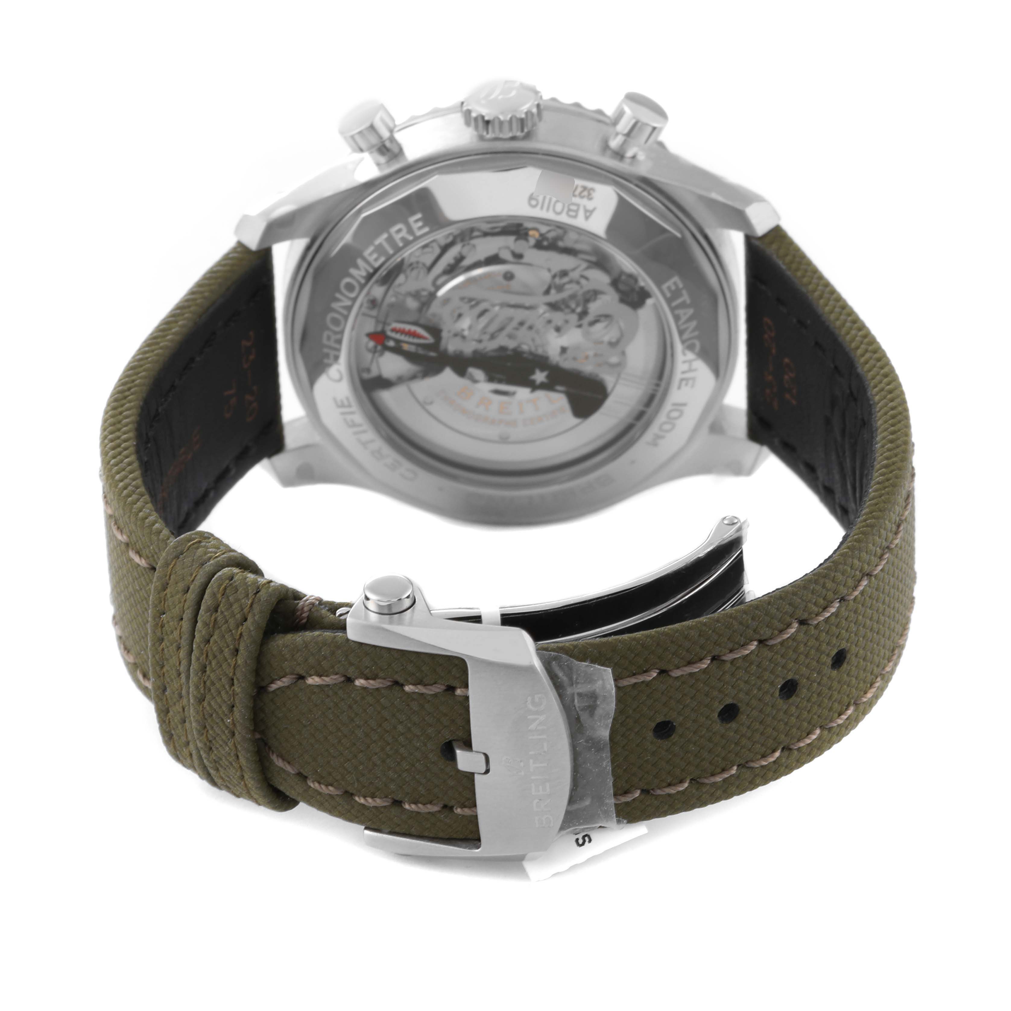 The image shows the back view of the Breitling Aviator AB01192A1L1X1 Men's Stainless Steel Green Dial AB01192A1L1X1 Men's Stainless Steel Green Dial watch, highlighting the case back, strap, and buckle.