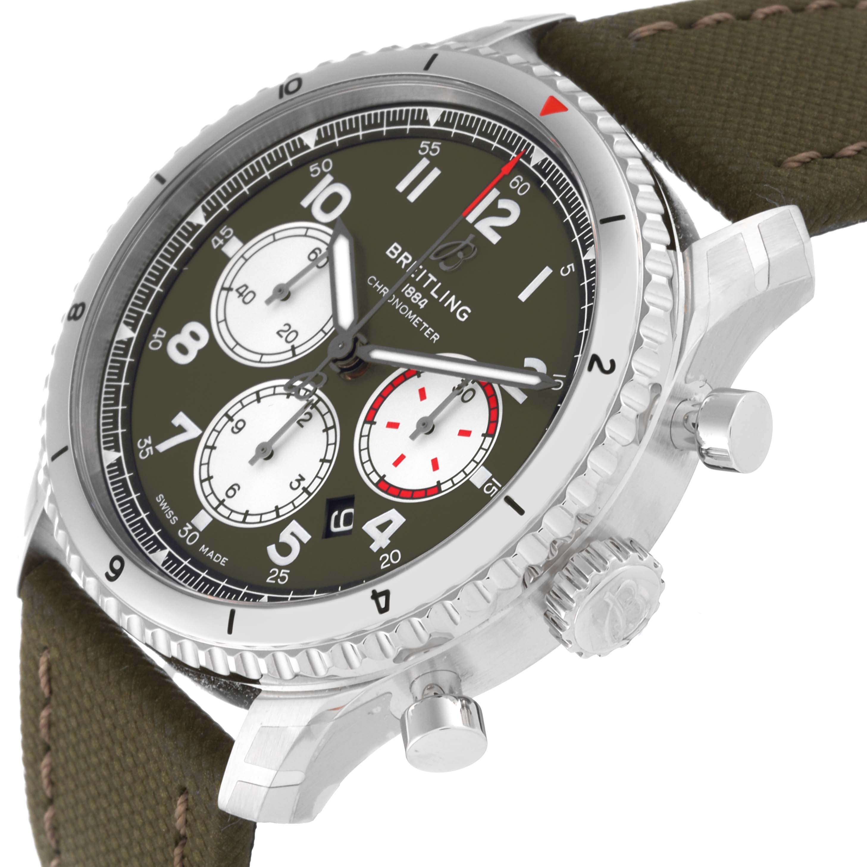 The Breitling Navitimer watch is shown at a slight angle, highlighting the dial, bezel, chronograph subdials, and crown.