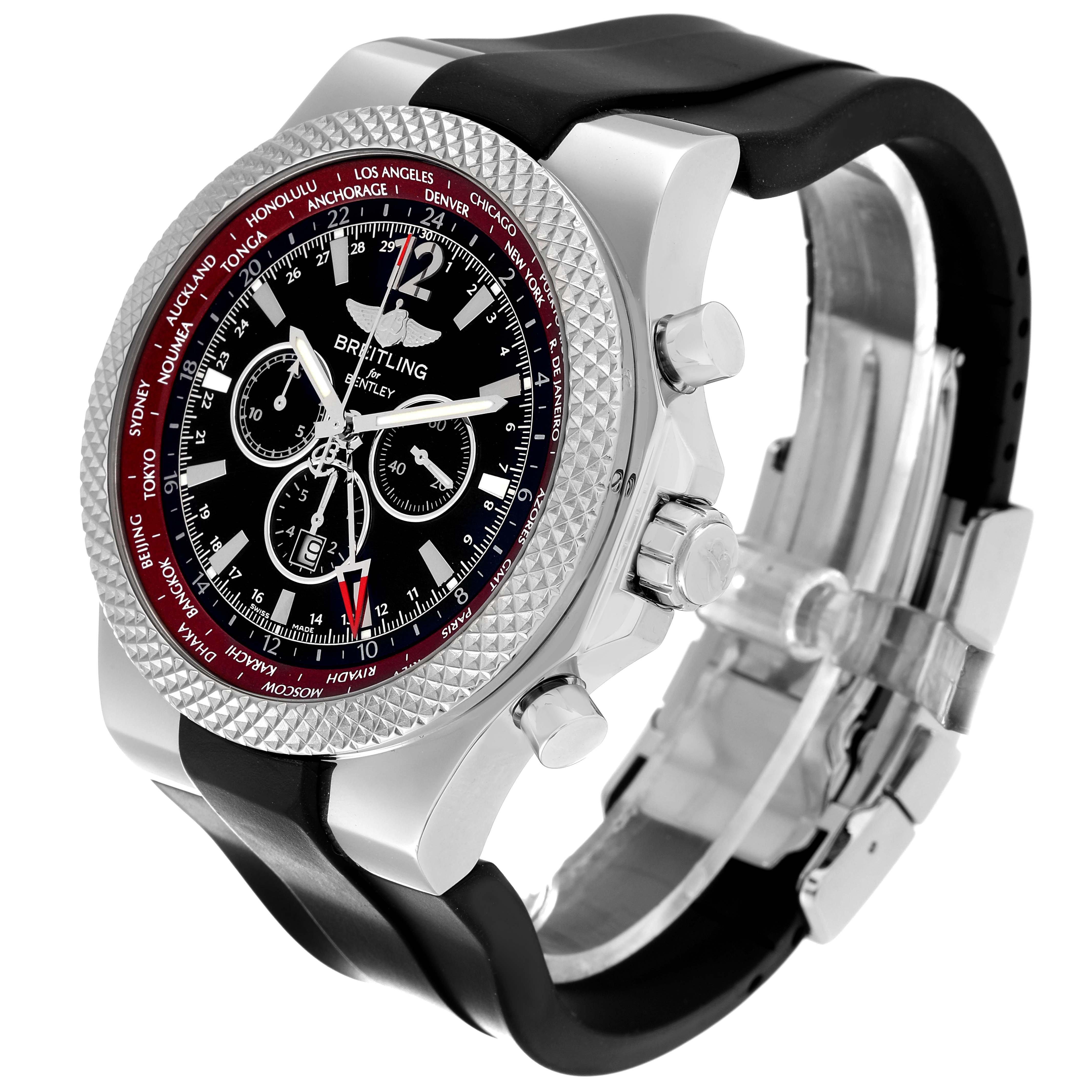 The image shows a Breitling Bentley A47362X8/B919 Men's Stainless Steel Black Dial A47362X8/B919 Men's Stainless Steel Black Dial watch from an angled side view, highlighting its face, bezel, and strap.