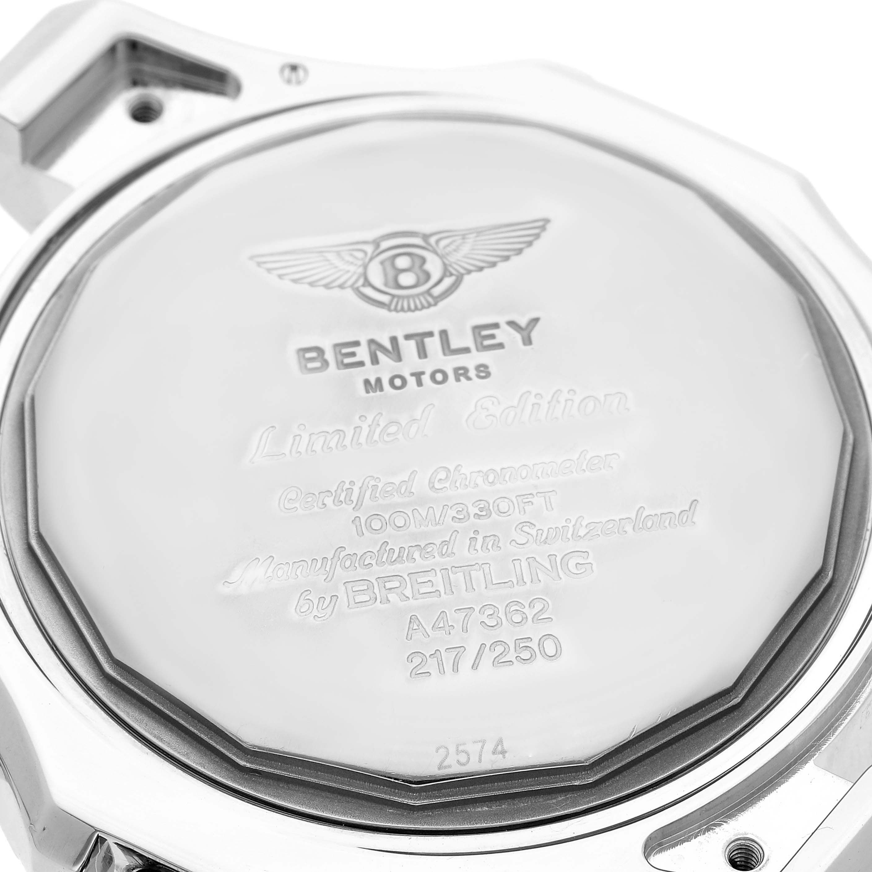 The image shows the case back of the Breitling Bentley A47362X8/B919 Men's Stainless Steel Black Dial A47362X8/B919 Men's Stainless Steel Black Dial model watch at a slight angle, highlighting its engravings.