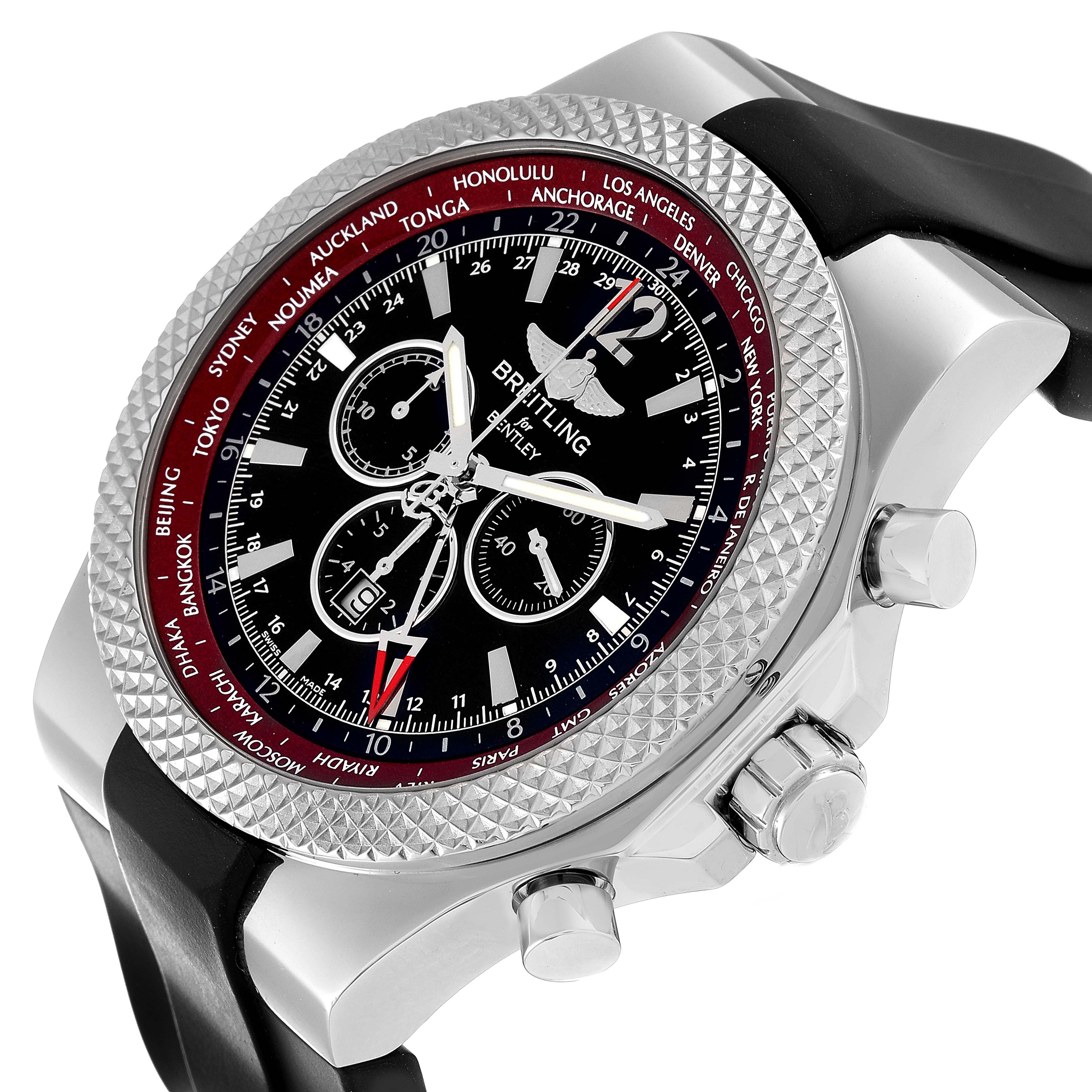 The image shows a close-up angle of the face and side buttons of the Breitling Bentley A47362X8/B919 Men's Stainless Steel Black Dial A47362X8/B919 Men's Stainless Steel Black Dial watch.