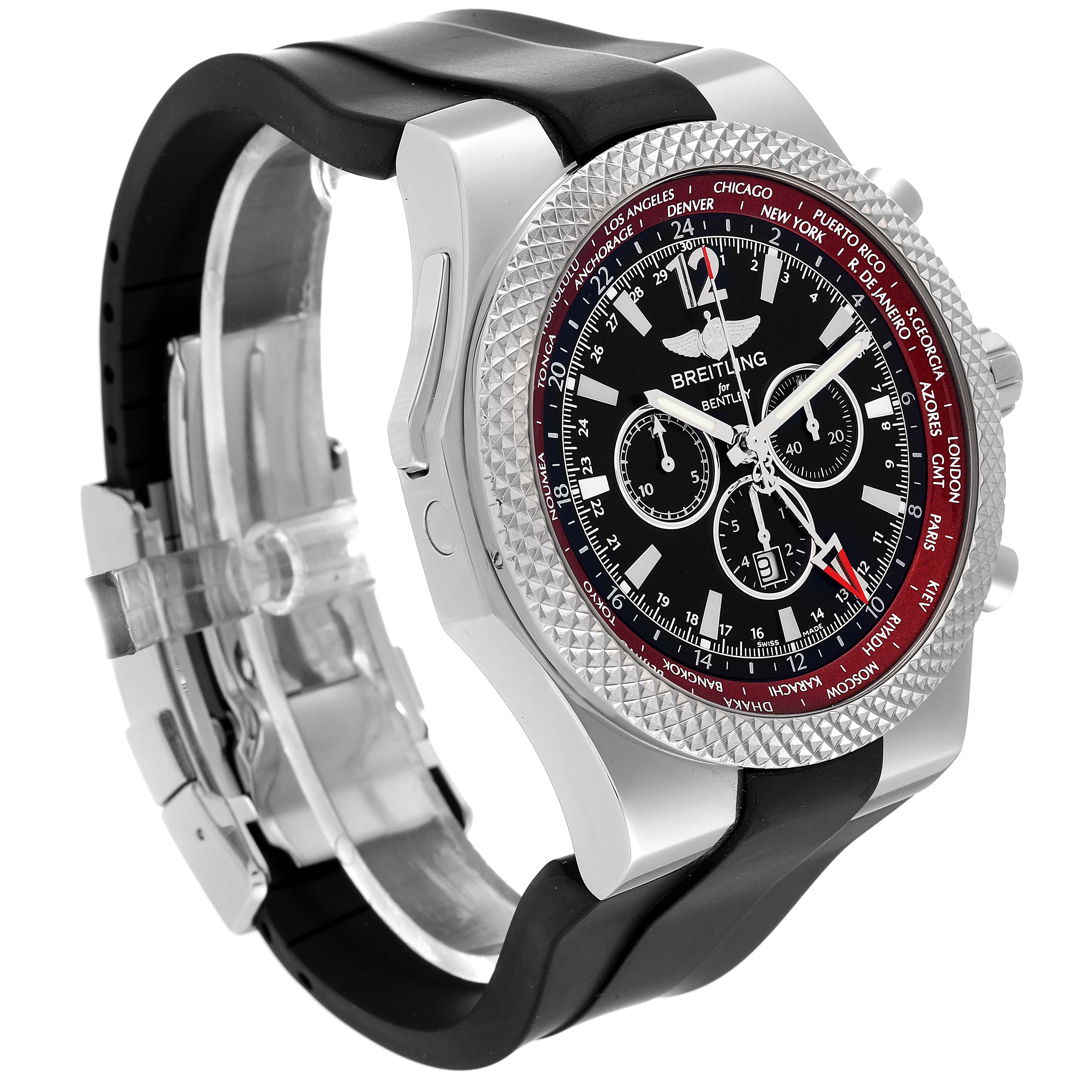 The image shows a tilted side angle of the Bentley model Breitling watch, highlighting the face, bezel, case, and strap.