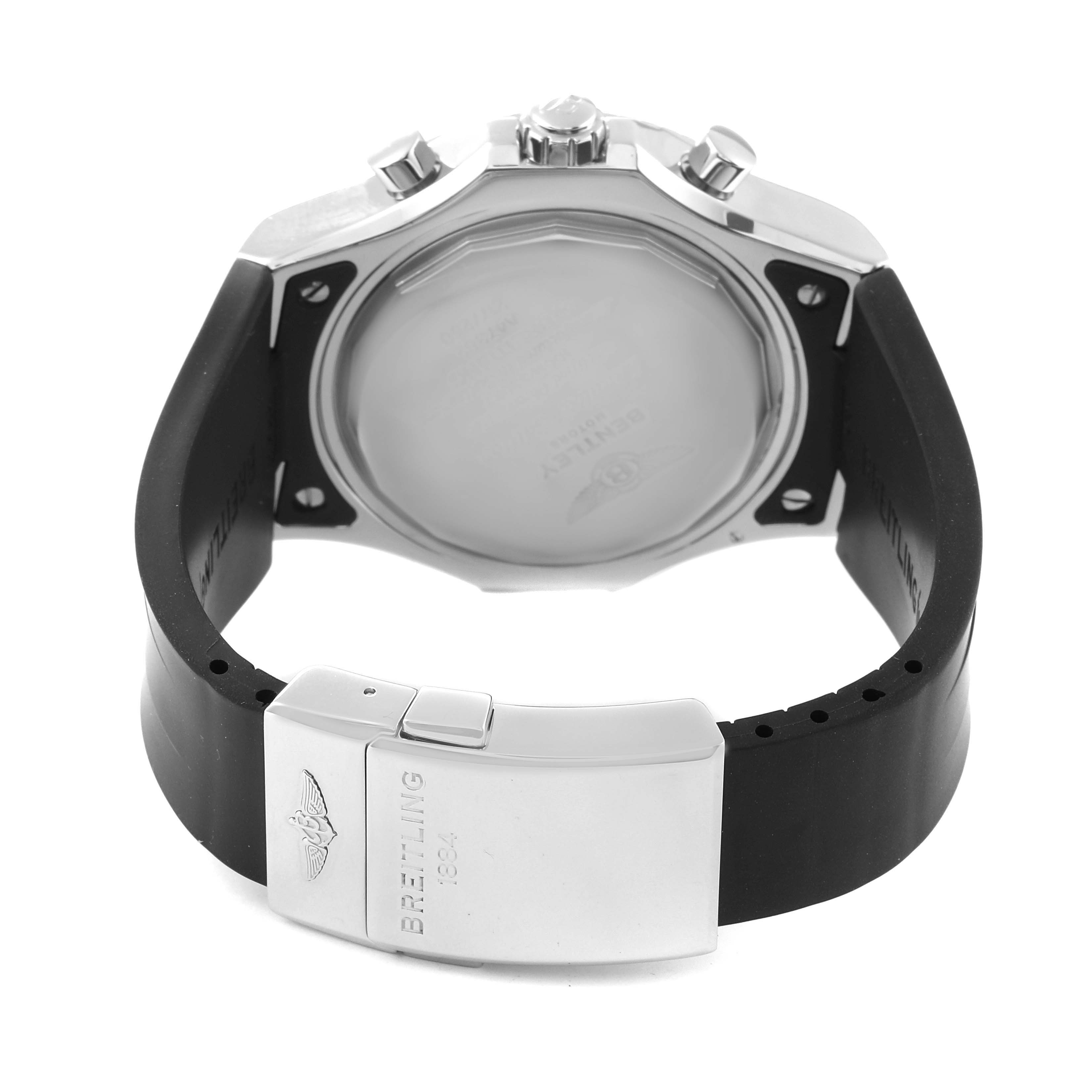 The image shows the back view of a Breitling Bentley A47362X8/B919 Men's Stainless Steel Black Dial A47362X8/B919 Men's Stainless Steel Black Dial model watch, focusing on the case back, straps, and clasp with logo and branding.