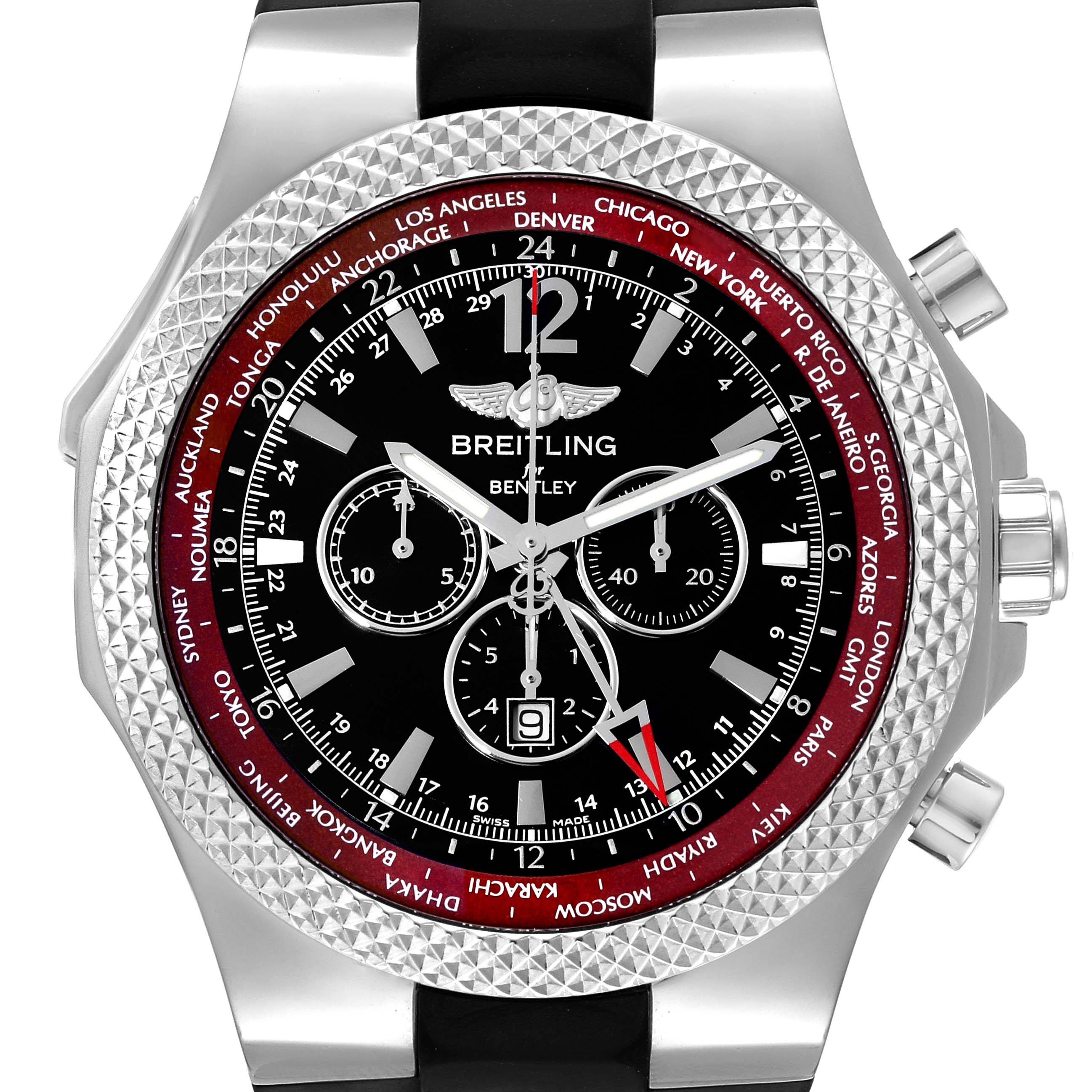 The Breitling Bentley A47362X8/B919 Men's Stainless Steel Black Dial A47362X8/B919 Men's Stainless Steel Black Dial watch is shown from a front angle, highlighting the bezel, dial, subdials, and crown.
