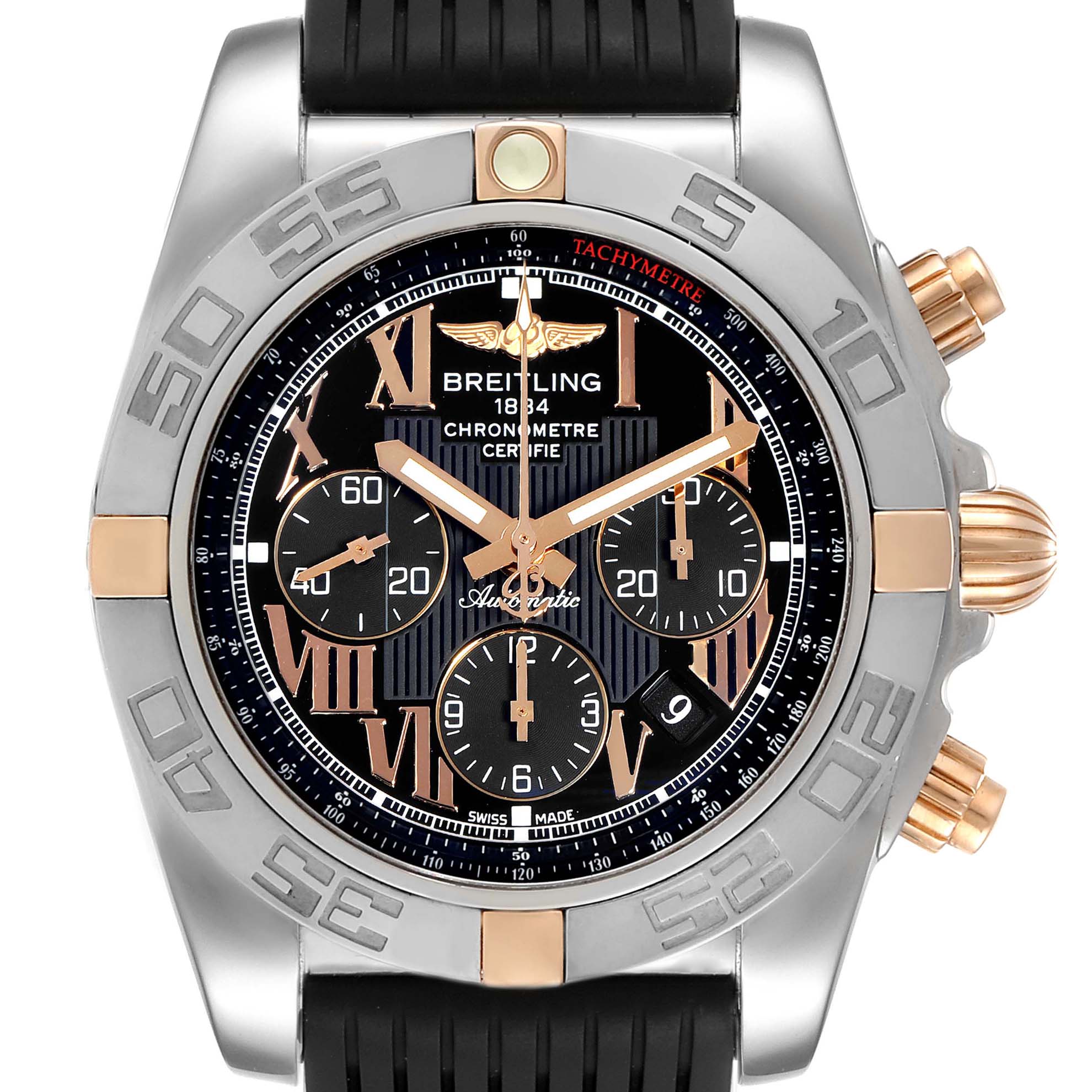 This is a front view of the Breitling Chronomat 1B0110 Men's Steel and Gold (two tone) Black Dial 1B0110 Men's Steel and Gold (two tone) Black Dial watch, showcasing its face, bezel, and pushers.