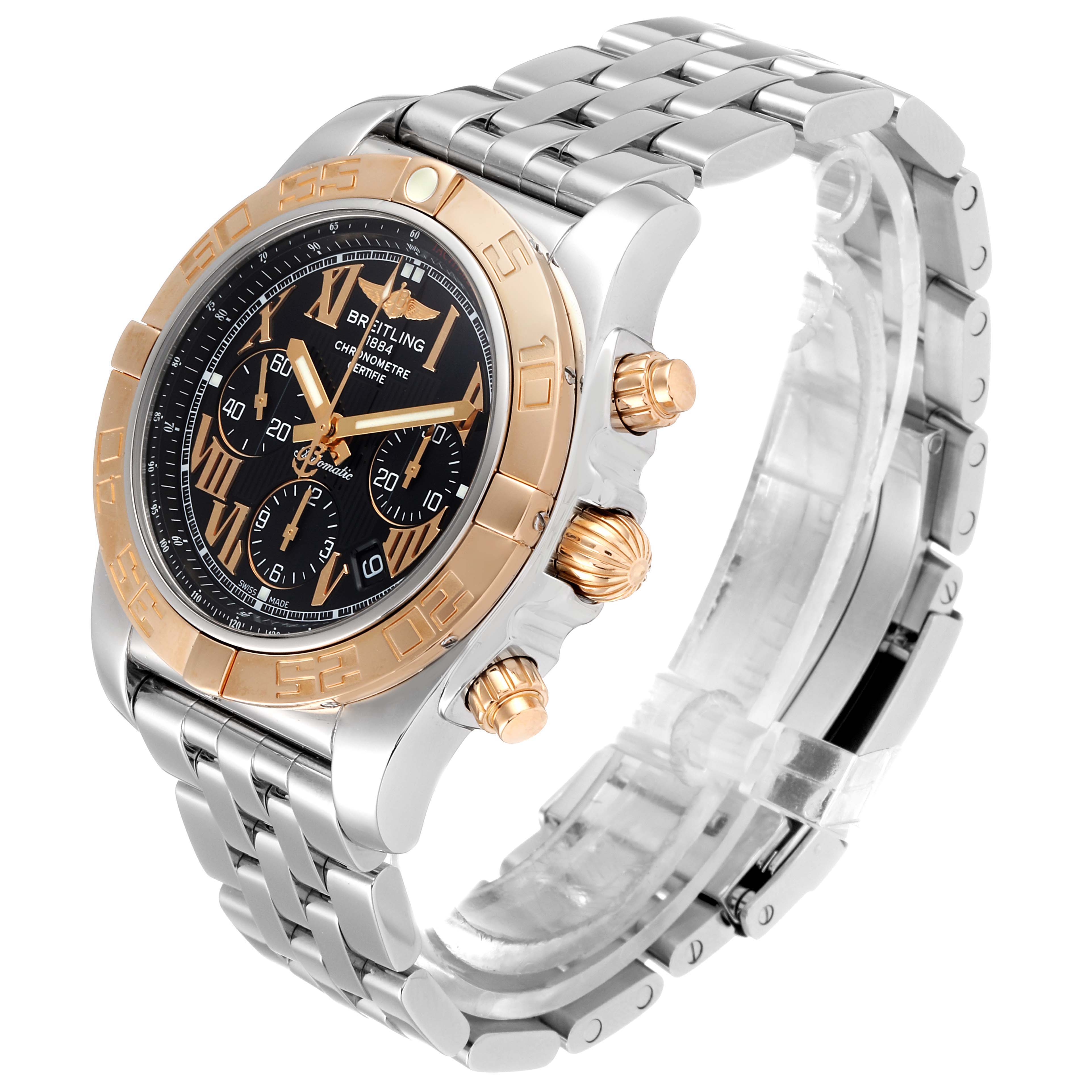 This Breitling Chronomat CB011012 Men's Steel and Gold (two tone) Black Dial CB011012 Men's Steel and Gold (two tone) Black Dial watch is shown at a three-quarter angle displaying the face, bezel, crown, and bracelet.