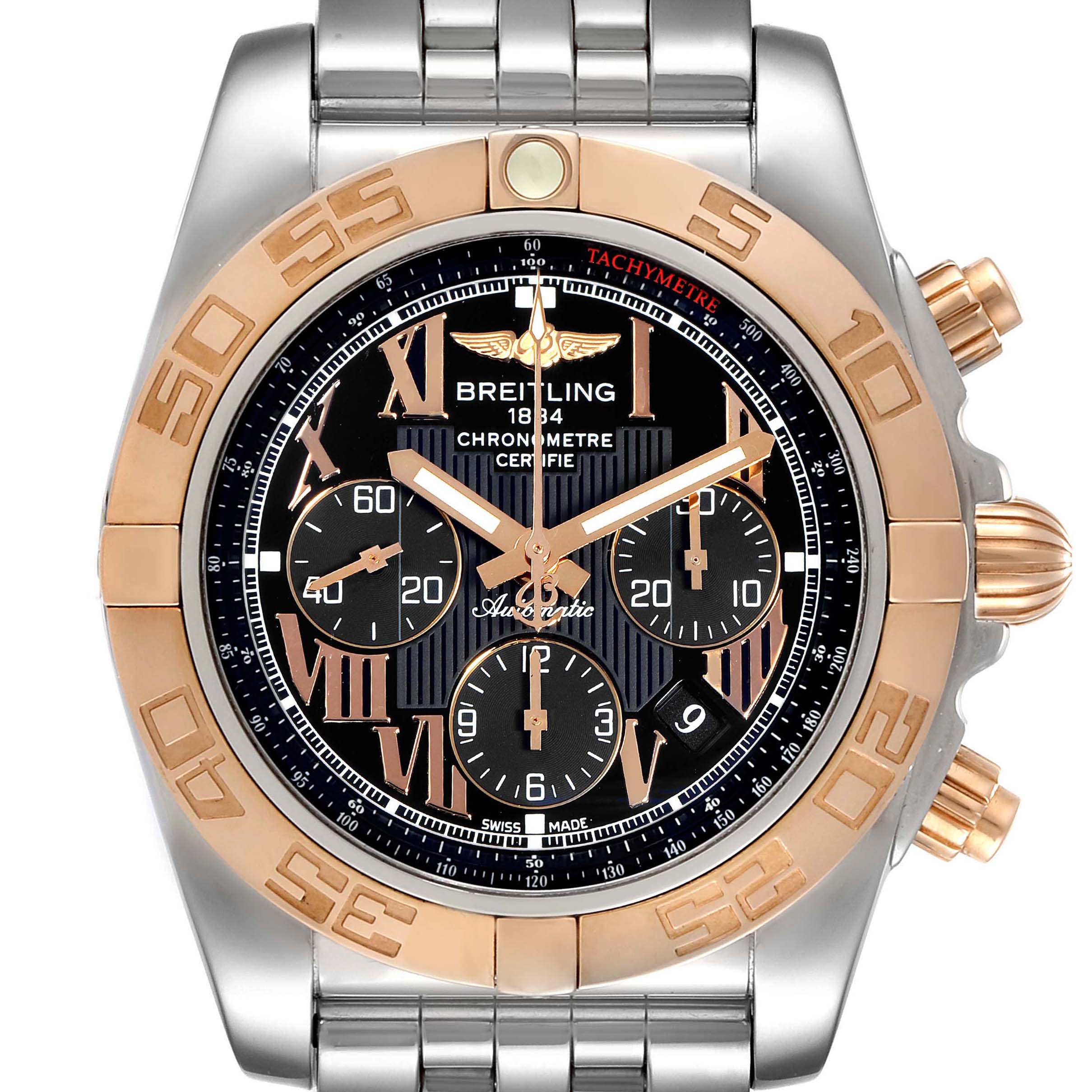 The image shows a front view of the Breitling Chronomat CB011012 Men's Steel and Gold (two tone) Black Dial CB011012 Men's Steel and Gold (two tone) Black Dial watch, highlighting its dial, bezel, and bracelet.