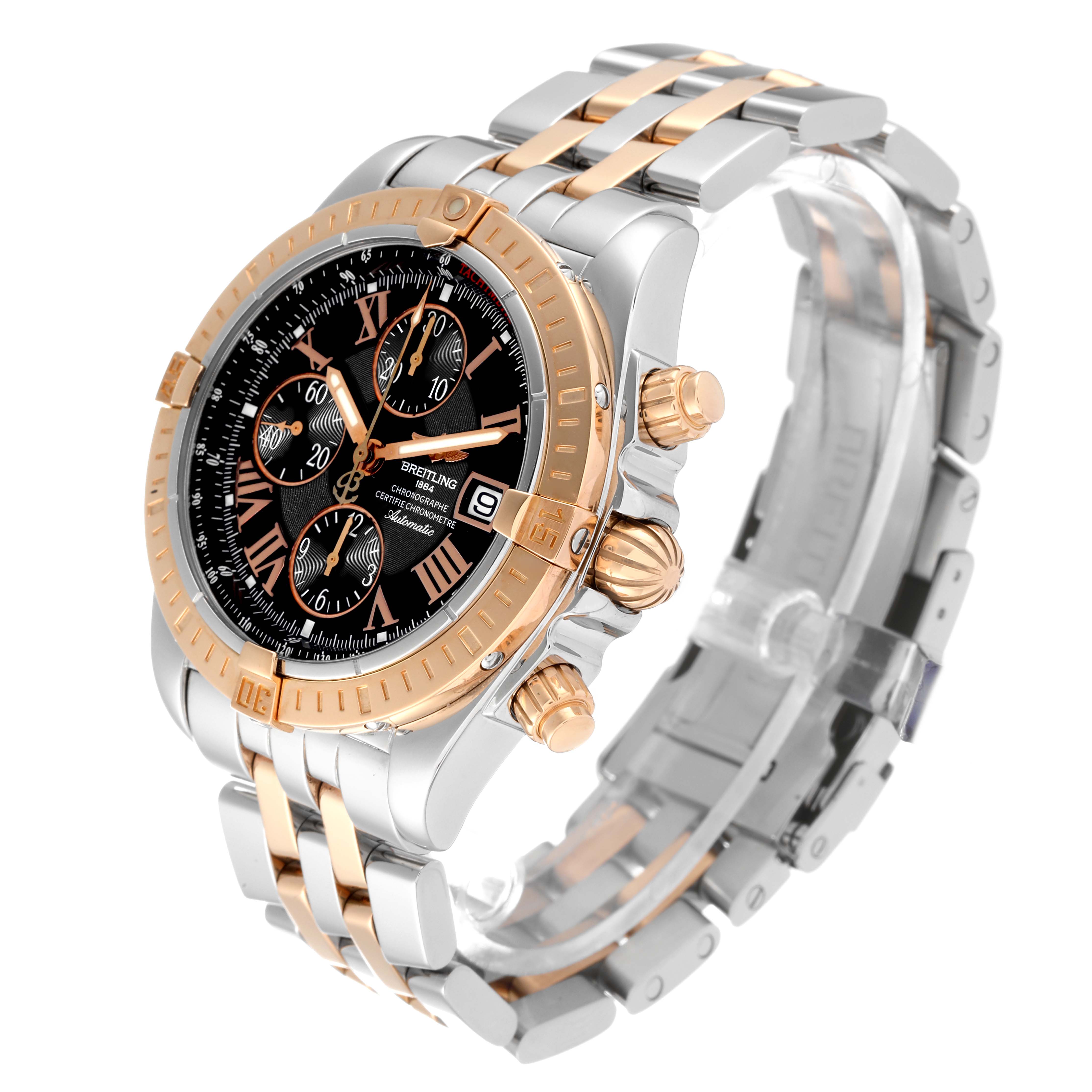 The Breitling Chronomat C13356 Men's Steel and Gold (two tone) Black Dial C13356 Men's Steel and Gold (two tone) Black Dial watch is shown from a front-right angle, highlighting the face, bezel, crown, and bracelet.