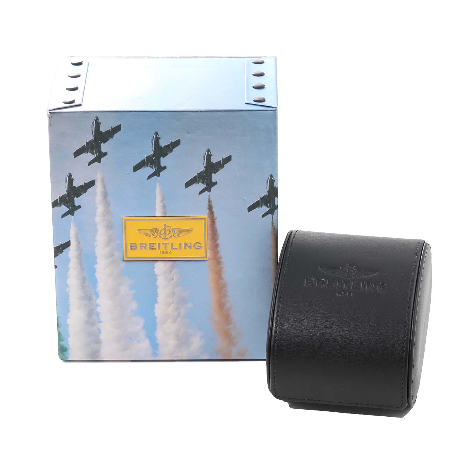 The image shows a Breitling Chronomat C13356 Men's Steel and Gold (two tone) Black Dial C13356 Men's Steel and Gold (two tone) Black Dial watch box and a black leather carrying case, both branded with the Breitling logo.