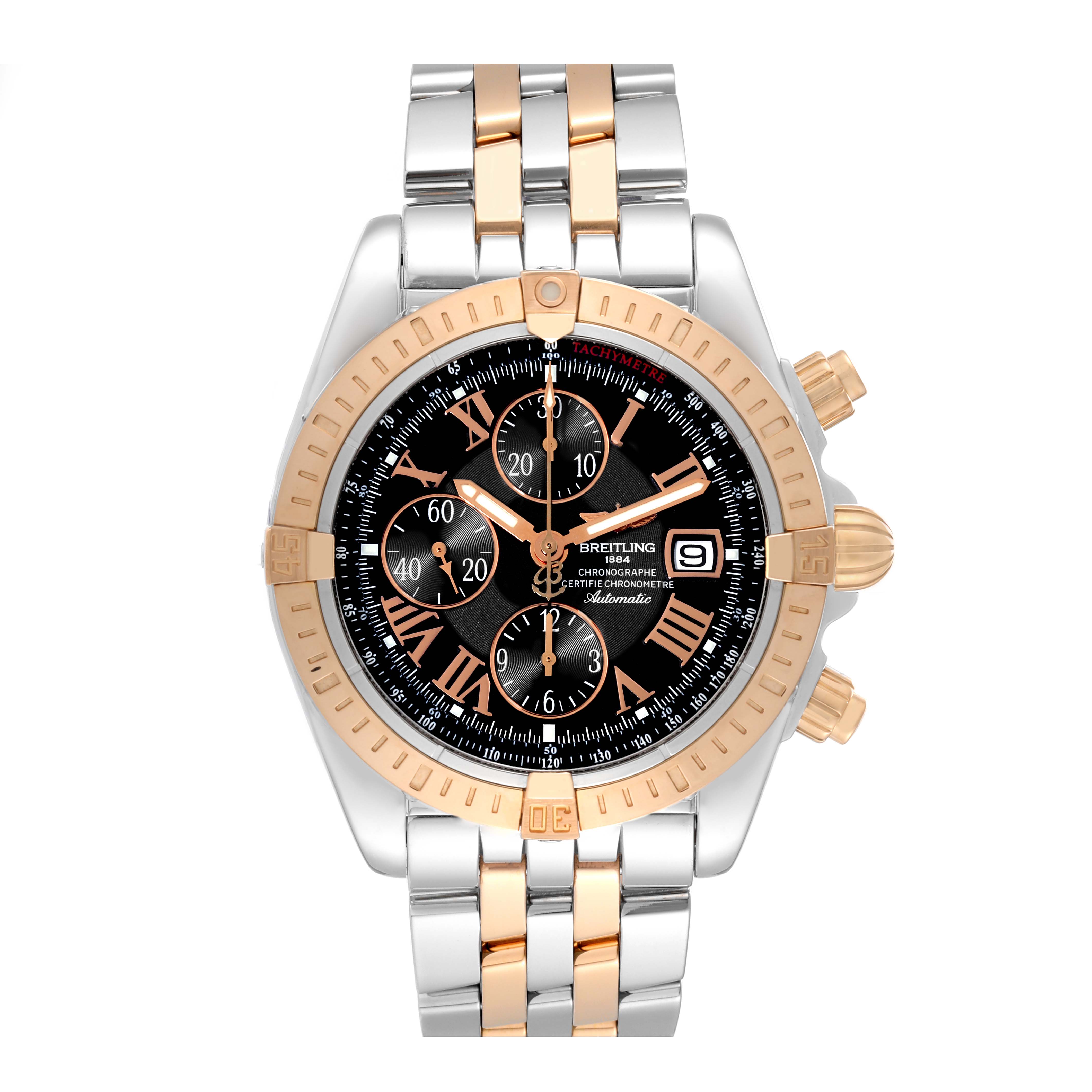 This Breitling Chronomat C13356 Men's Steel and Gold (two tone) Black Dial C13356 Men's Steel and Gold (two tone) Black Dial watch is shown from a top-down angle, displaying the face, bezel, and part of the bracelet.
