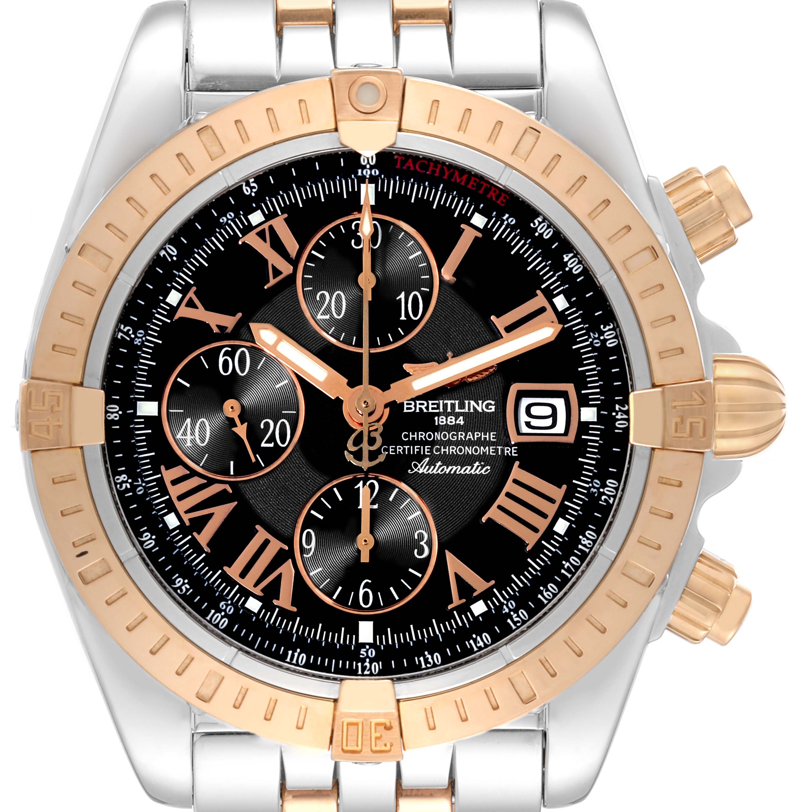 The image showcases a front view of the Breitling Chronomat C13356 Men's Steel and Gold (two tone) Black Dial C13356 Men's Steel and Gold (two tone) Black Dial watch, highlighting its dial, bezel, and chronograph features.