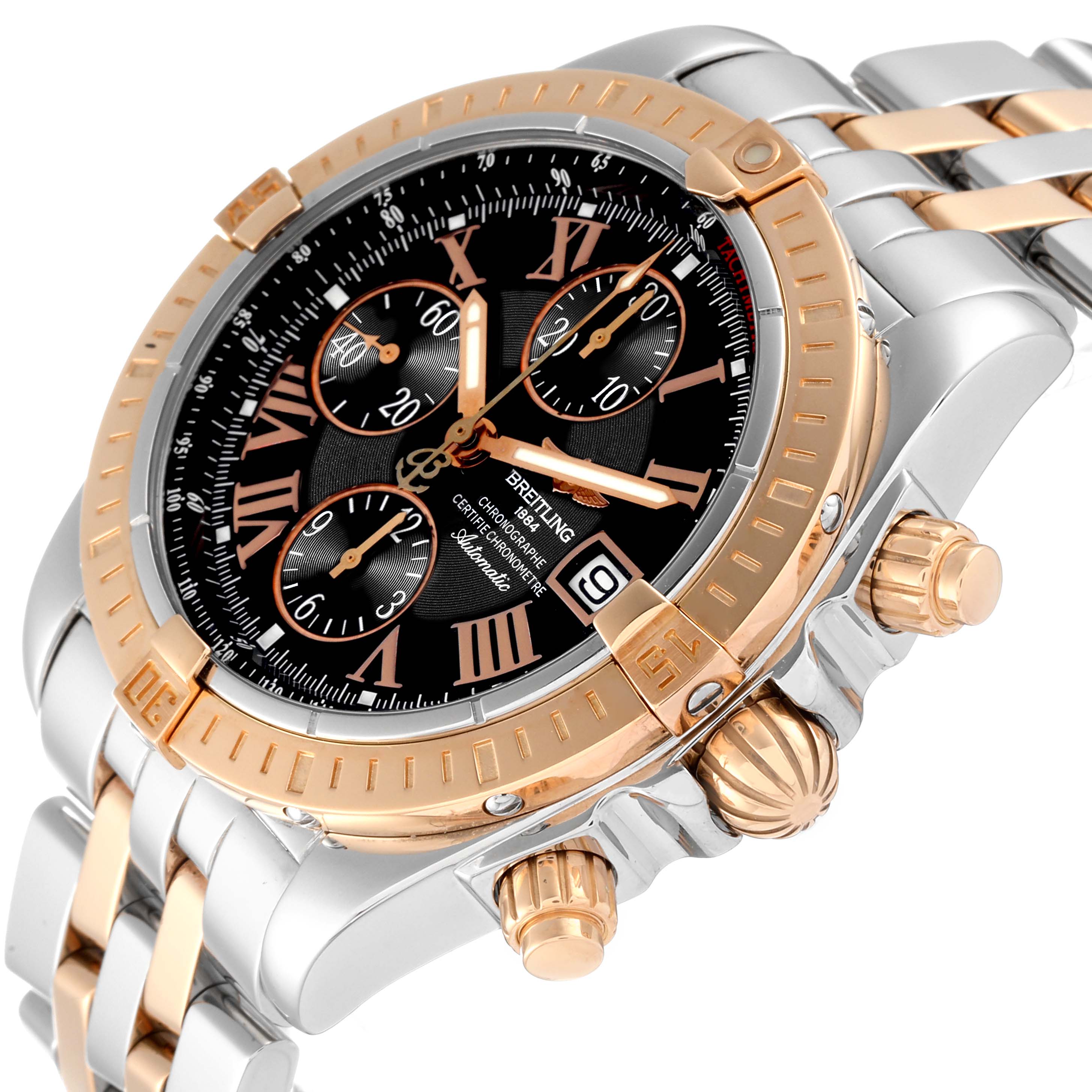 The image shows a close-up of a Breitling Chronomat C13356 Men's Steel and Gold (two tone) Black Dial C13356 Men's Steel and Gold (two tone) Black Dial watch displaying its face, crown, pushers, and part of the bracelet.