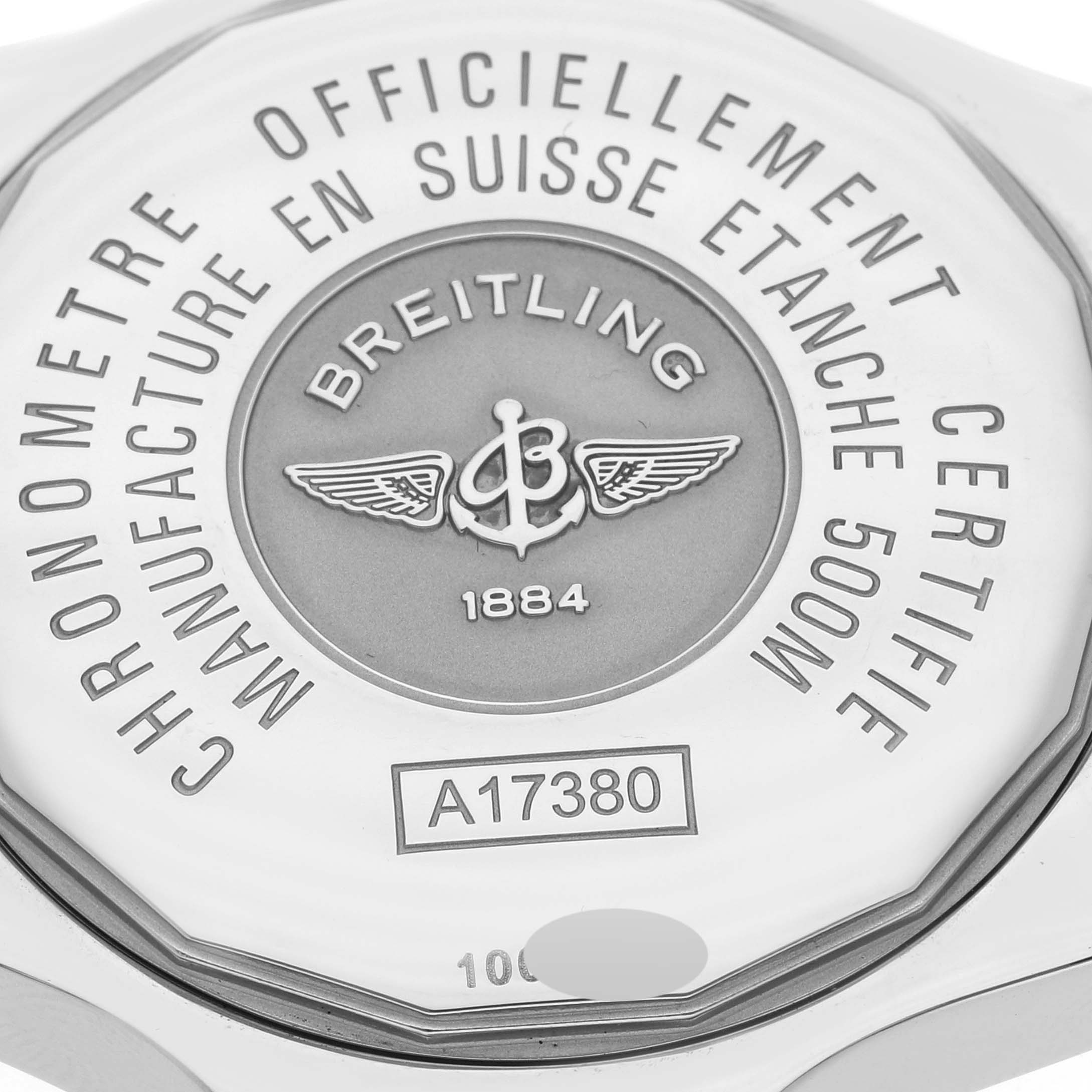 The image shows the back case of the Breitling Colt A17380 Men's Stainless Steel Silver Dial A17380 Men's Stainless Steel Silver Dial watch model A17380, highlighting its inscriptions.