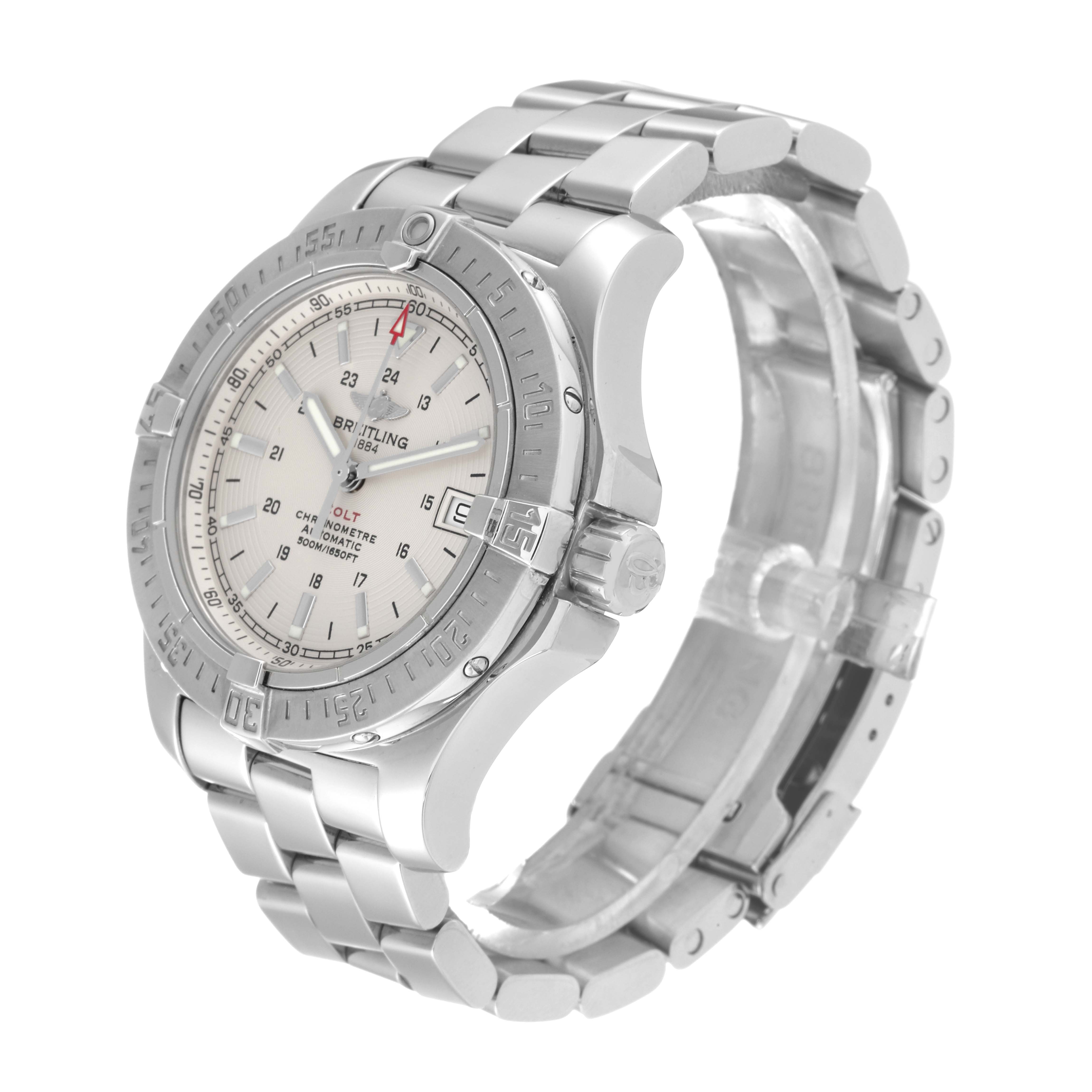 The image shows a Breitling Colt A17380 Men's Stainless Steel Silver Dial A17380 Men's Stainless Steel Silver Dial watch at a three-quarter angle, highlighting the face, bezel, and metal bracelet.