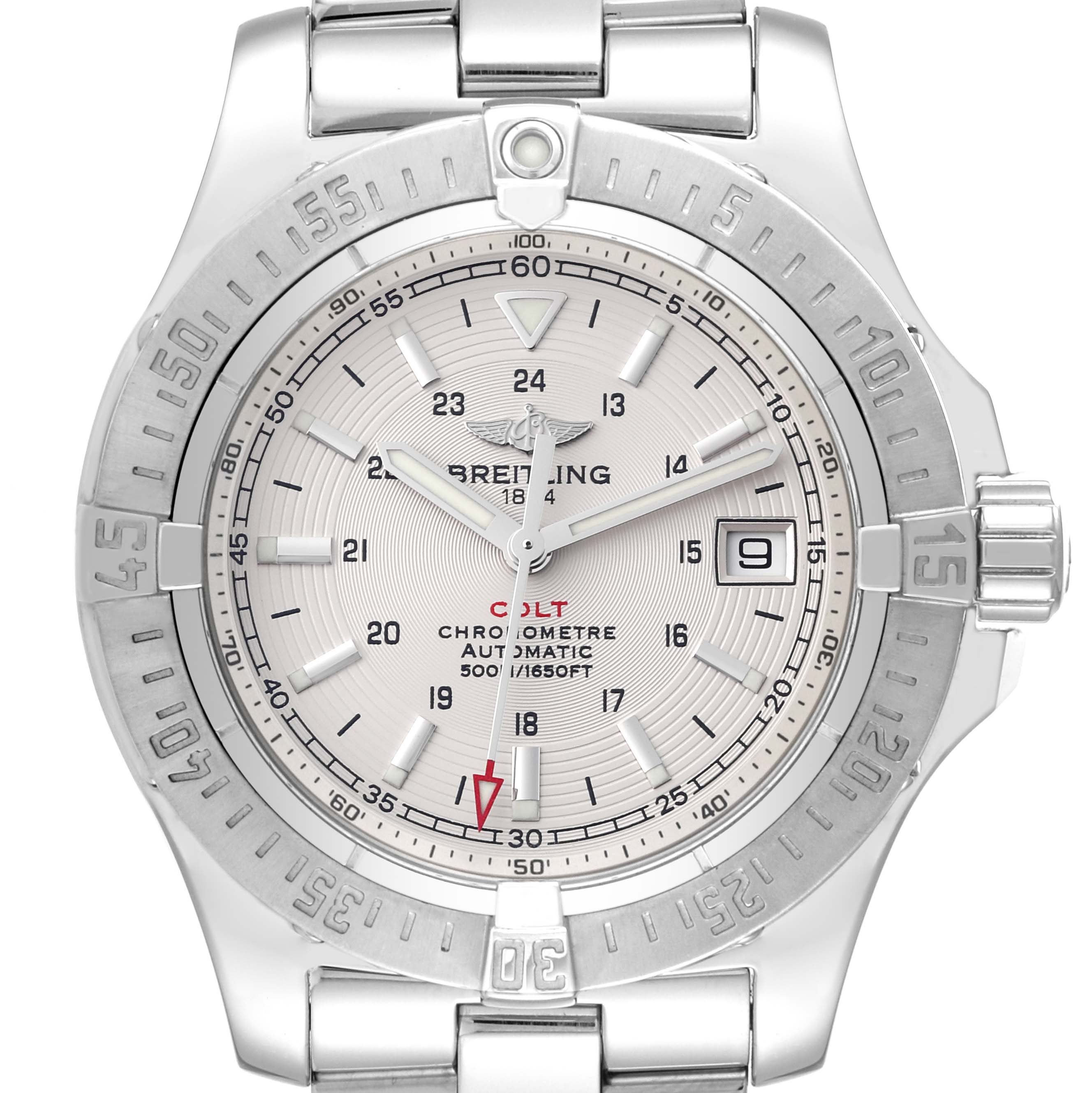 This image shows a front view of a Breitling Colt A17380 Men's Stainless Steel Silver Dial A17380 Men's Stainless Steel Silver Dial chronometer watch, highlighting its dial, bezel, and part of its bracelet.