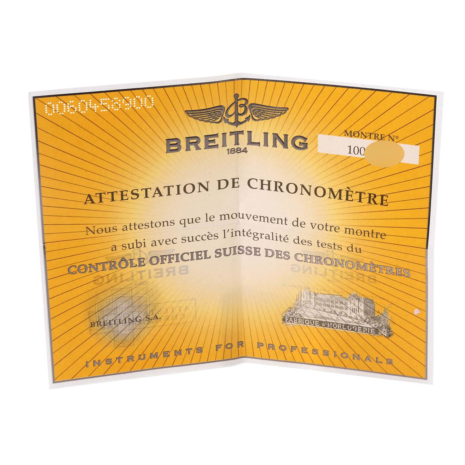 This image shows the chronometer certificate for the Breitling Colt A17380 Men's Stainless Steel Silver Dial A17380 Men's Stainless Steel Silver Dial model watch.