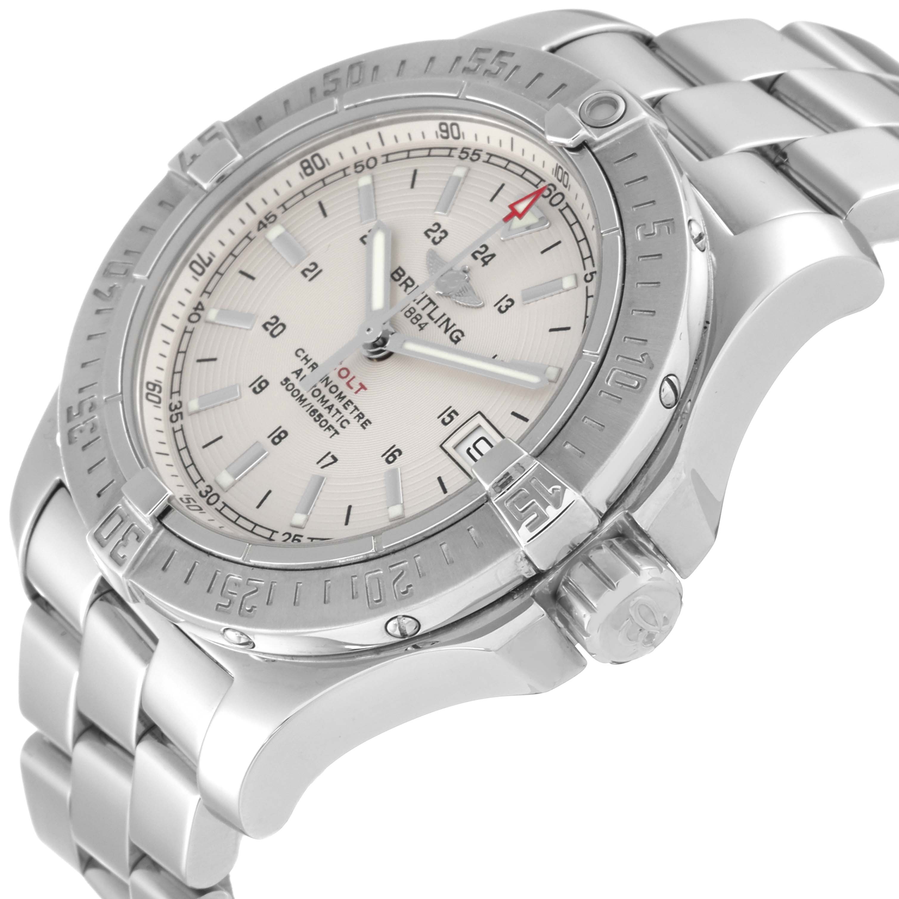 This image shows the Breitling Colt A17380 Men's Stainless Steel Silver Dial A17380 Men's Stainless Steel Silver Dial watch at a slight angle, displaying the face, bezel, crown, and part of the bracelet.