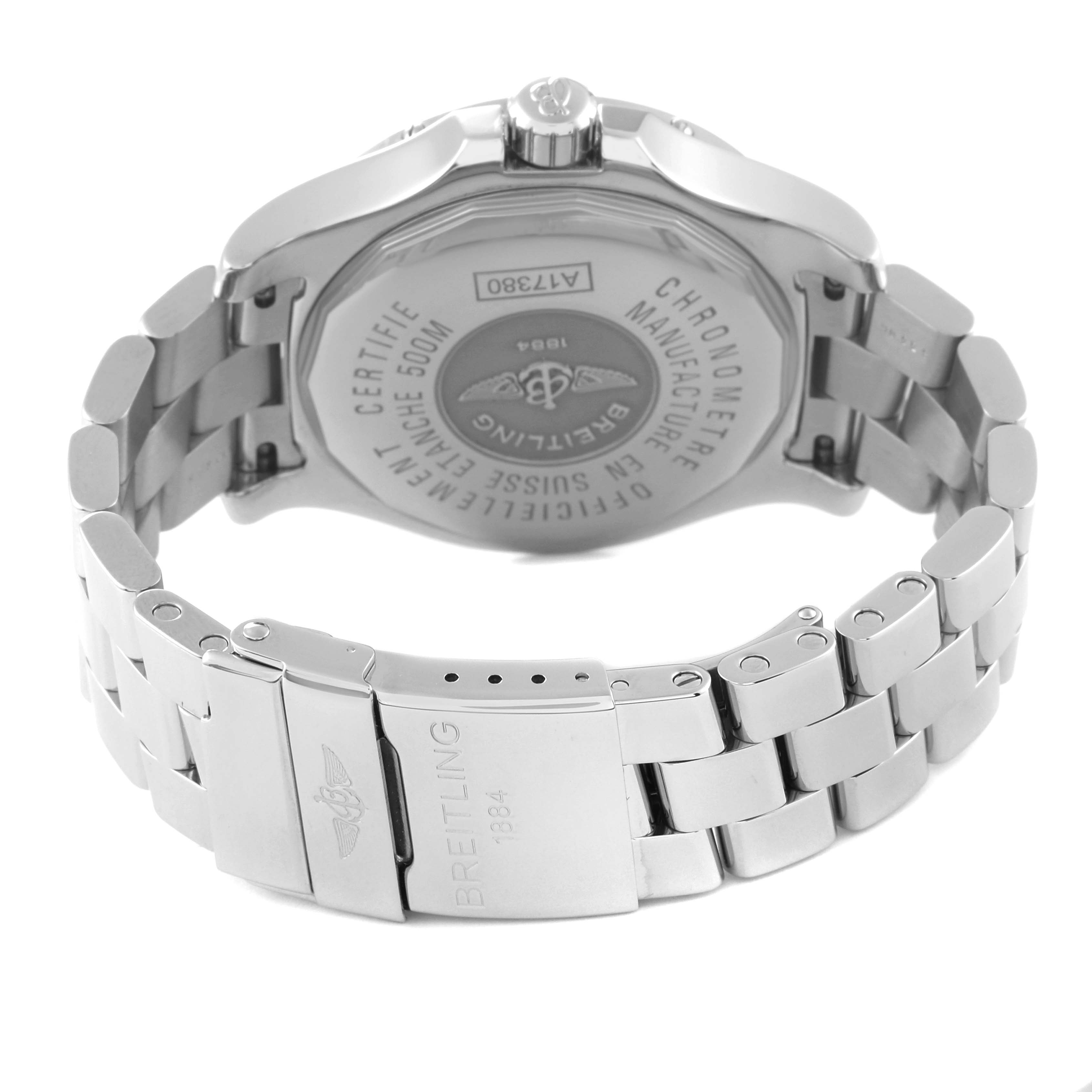 The image shows the rear side of a Breitling Colt A17380 Men's Stainless Steel Silver Dial A17380 Men's Stainless Steel Silver Dial model watch, focusing on the case back and metal bracelet.