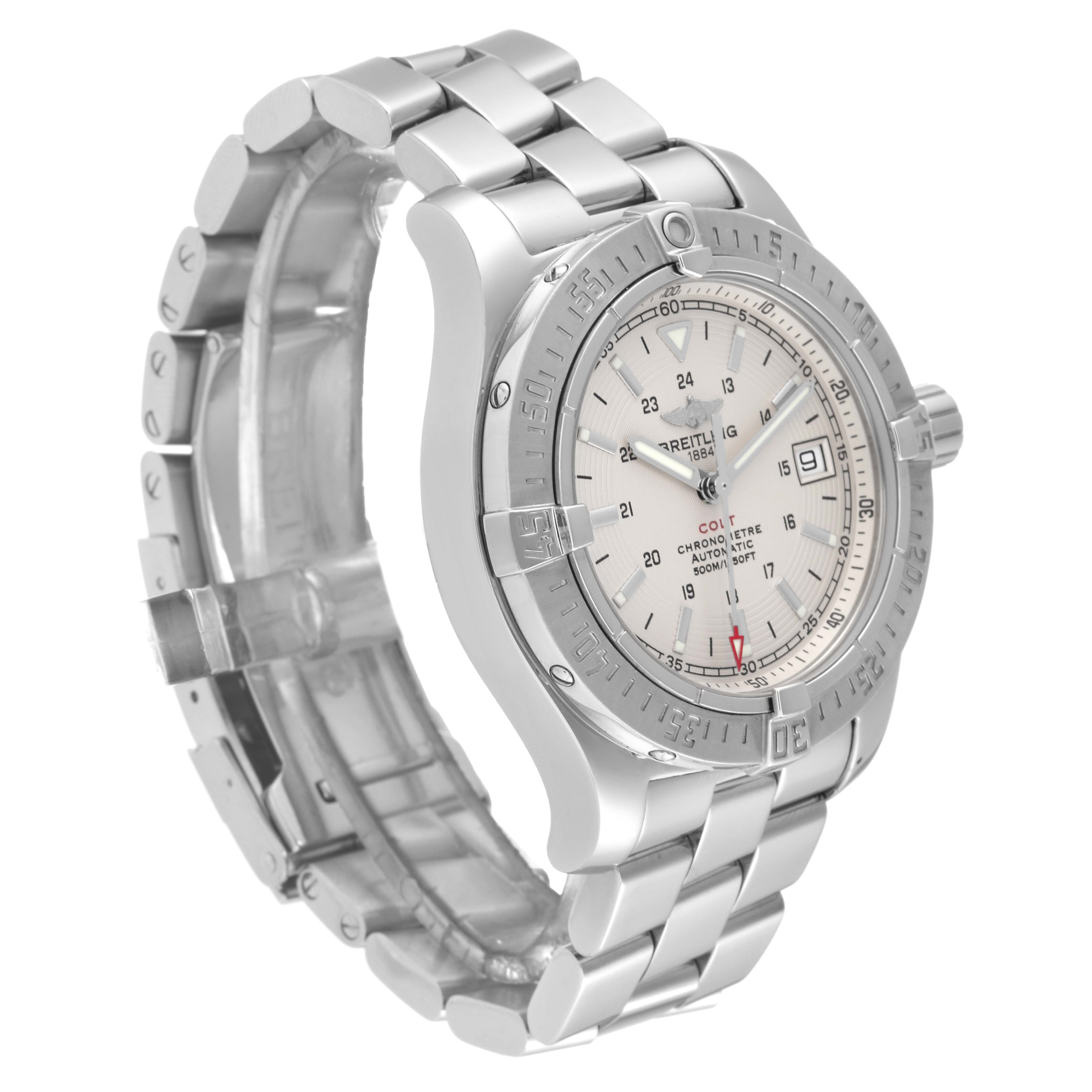 The Breitling Colt A17380 Men's Stainless Steel Silver Dial A17380 Men's Stainless Steel Silver Dial watch is shown at a three-quarter angle, highlighting its stainless steel bracelet, dial, and bezel.