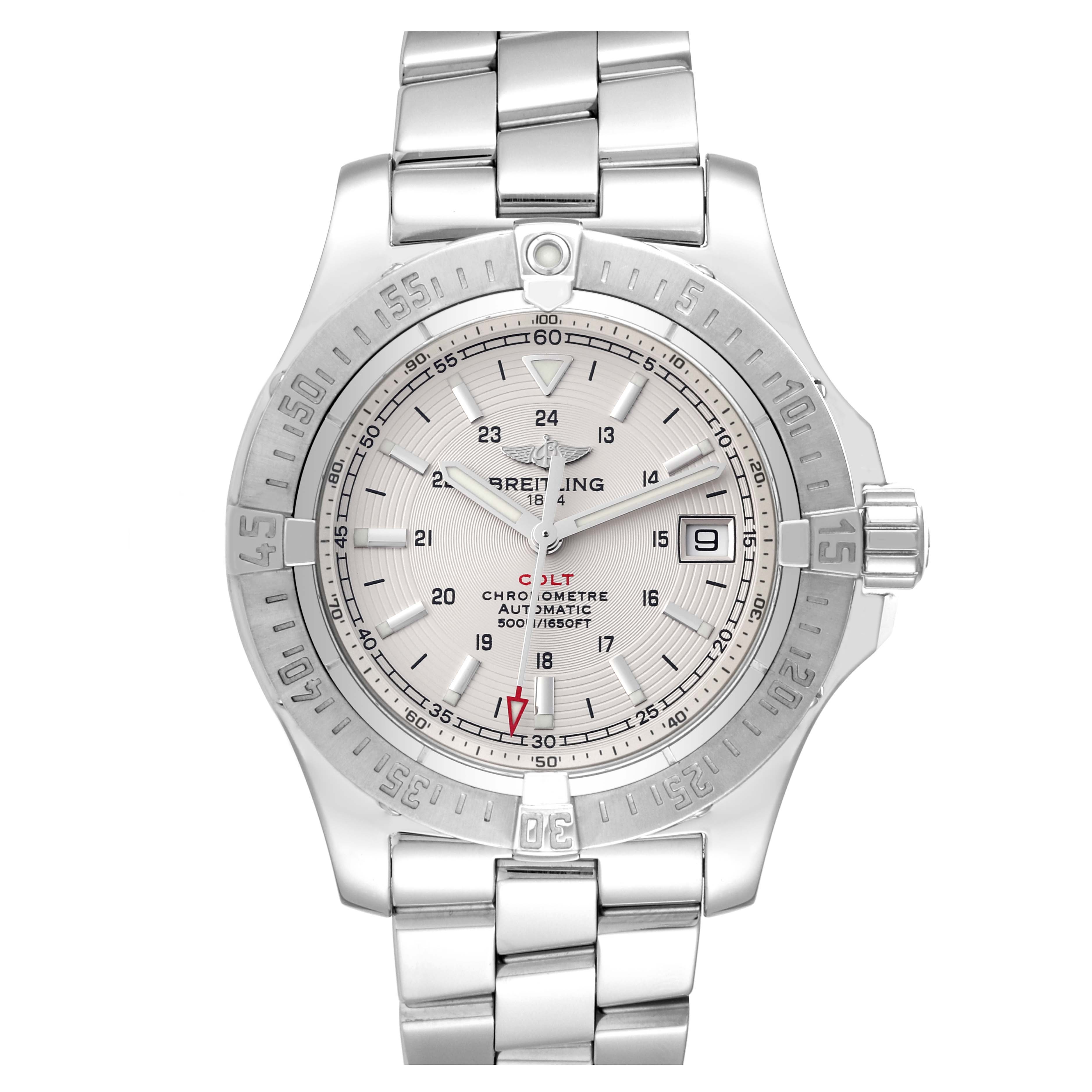 This image shows a front view of the Breitling Colt A17380 Men's Stainless Steel Silver Dial A17380 Men's Stainless Steel Silver Dial watch, highlighting its dial, bezel, and bracelet.