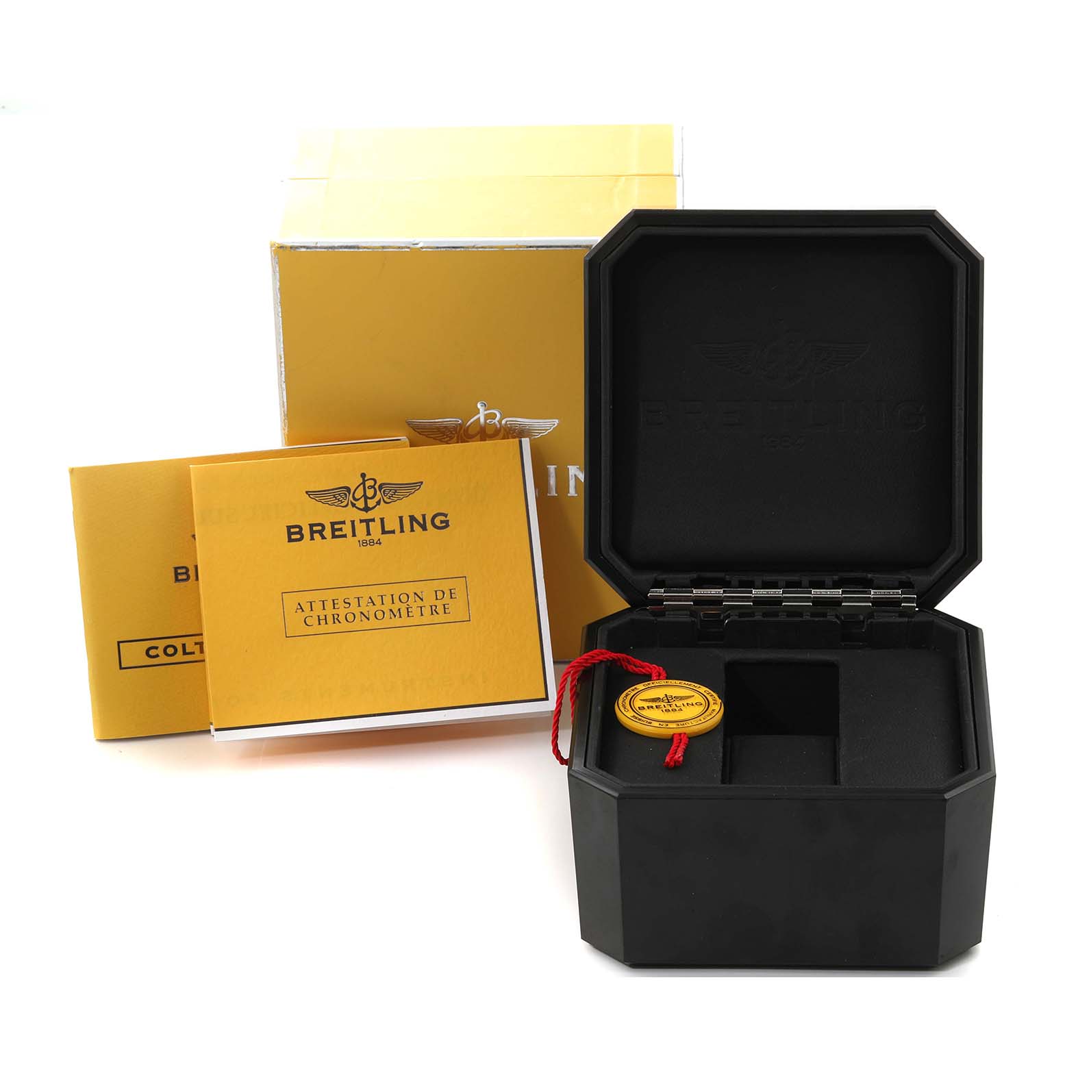 The image shows the packaging, box, and documentation for a Breitling Colt A17380 Men's Stainless Steel Silver Dial A17380 Men's Stainless Steel Silver Dial watch from a front angle.