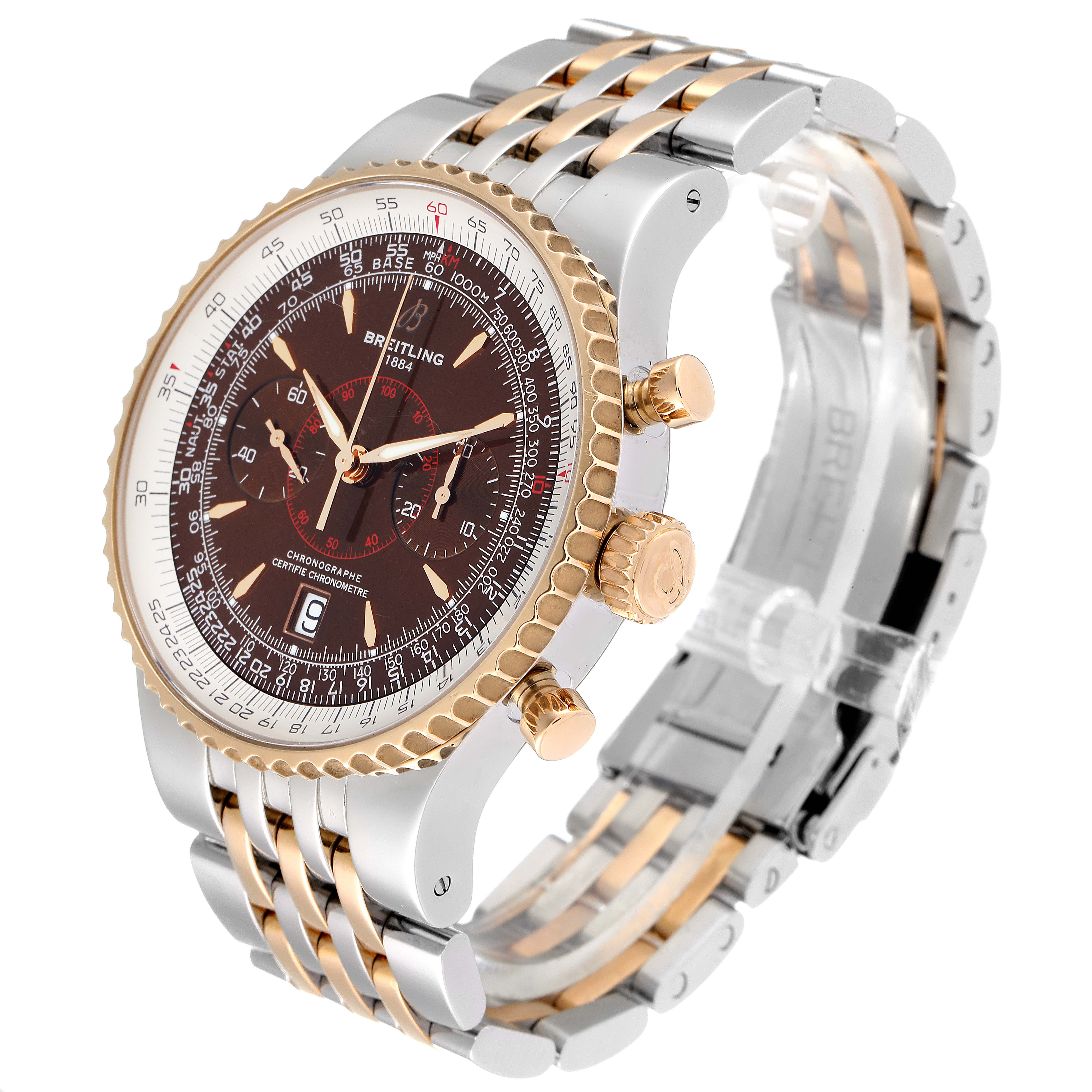 The Breitling Navitimer C23340 Men's Steel and Gold (two tone) Brown Dial C23340 Men's Steel and Gold (two tone) Brown Dial watch is shown at an oblique angle, highlighting the face, bezel, pushers, and two-tone bracelet.