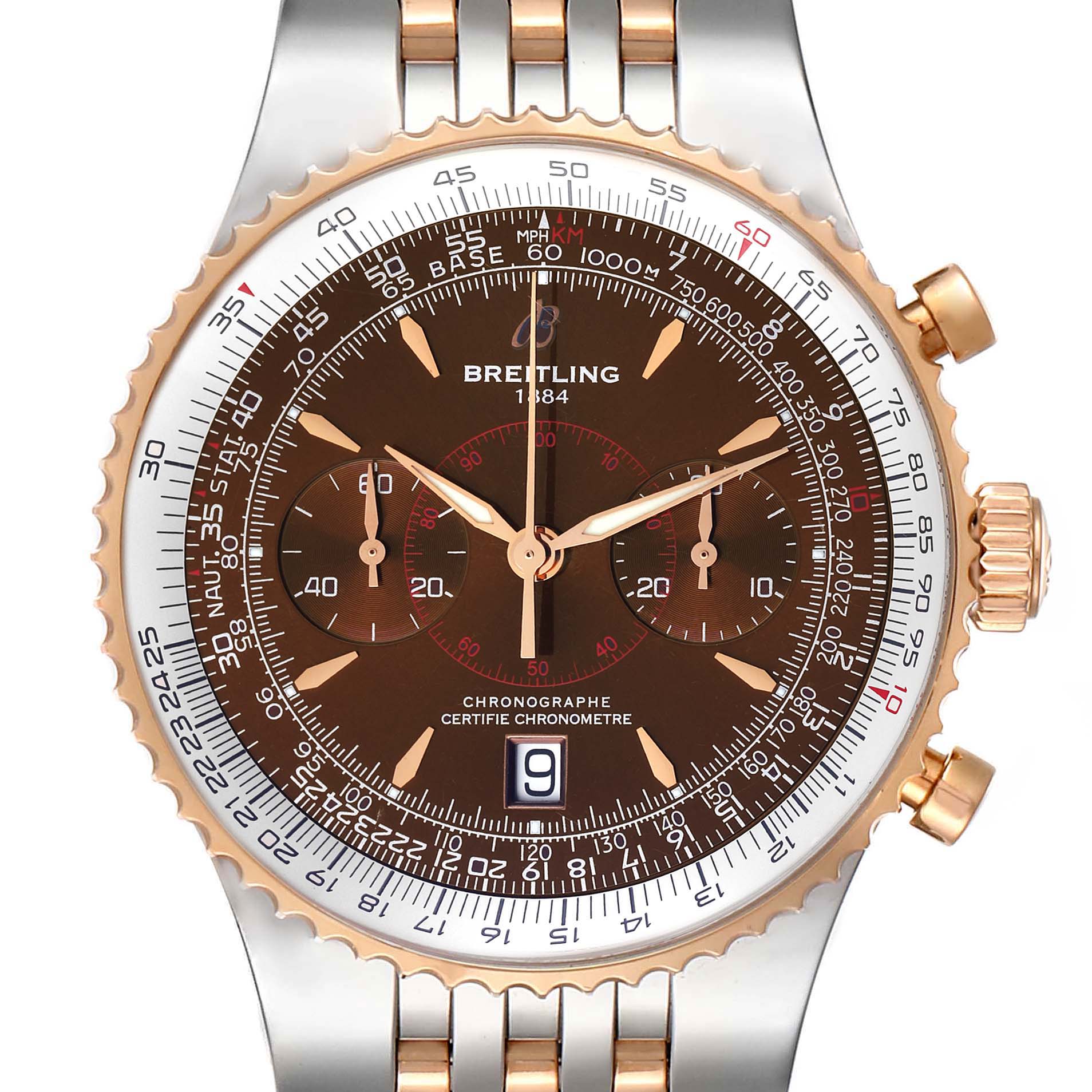 The image shows a front view of a Breitling Navitimer C23340 Men's Steel and Gold (two tone) Brown Dial C23340 Men's Steel and Gold (two tone) Brown Dial watch, highlighting the dial, bezel, and part of the bracelet.