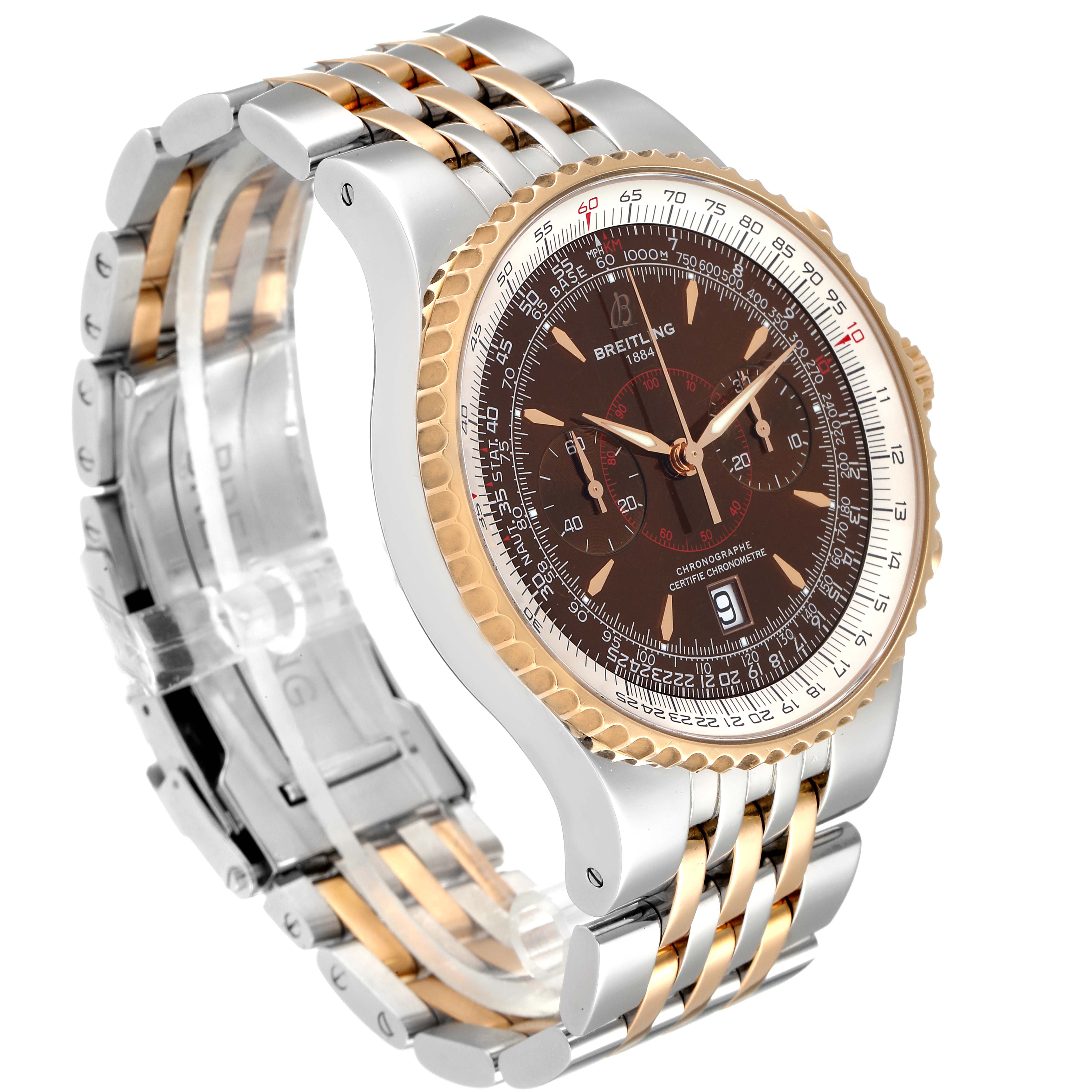 The image shows a Breitling Navitimer C23340 Men's Steel and Gold (two tone) Brown Dial C23340 Men's Steel and Gold (two tone) Brown Dial with a side angle view, highlighting its bracelet, bezel, and dial.
