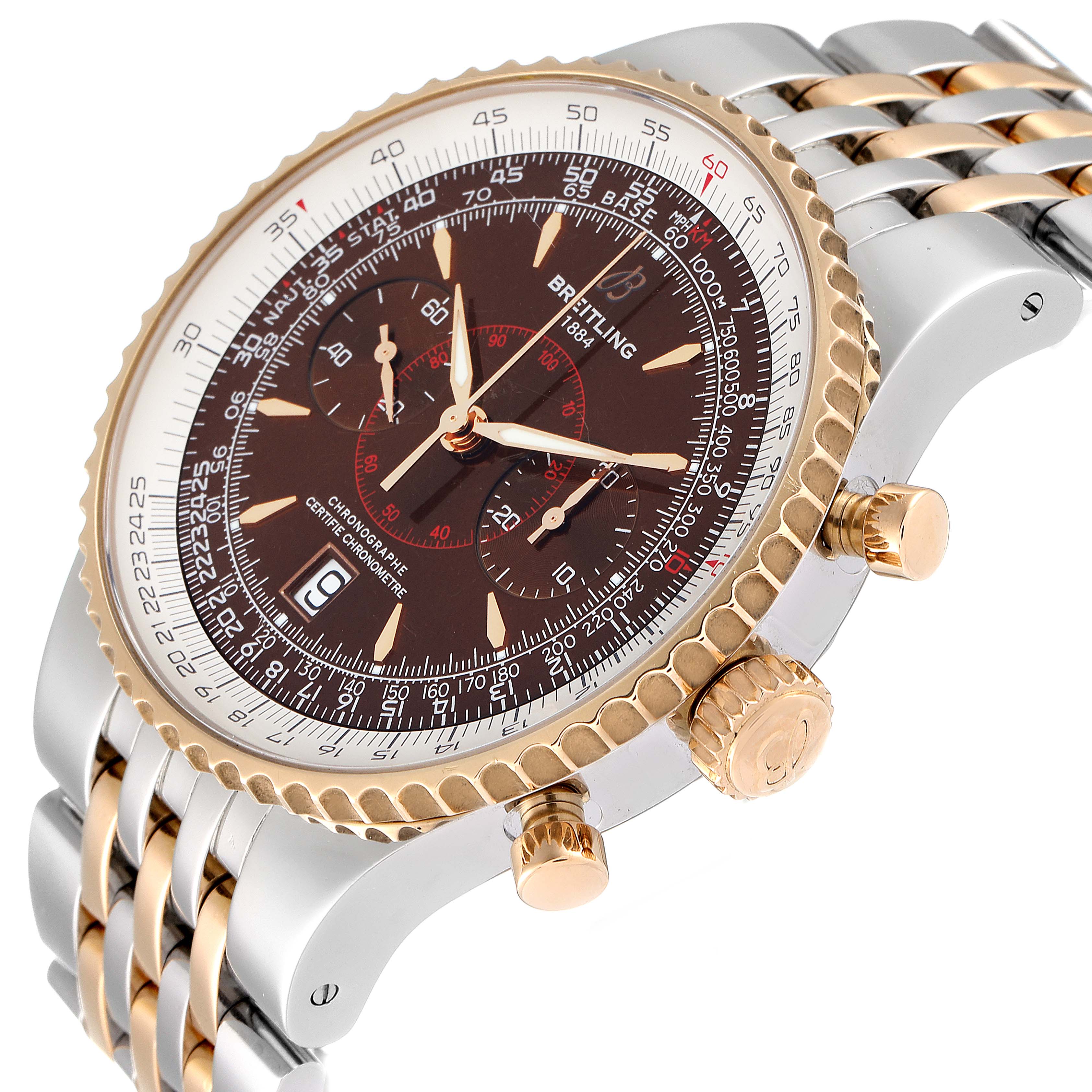 The image shows a side angle of a Breitling Navitimer C23340 Men's Steel and Gold (two tone) Brown Dial C23340 Men's Steel and Gold (two tone) Brown Dial watch, highlighting its face, bezel, and crown.