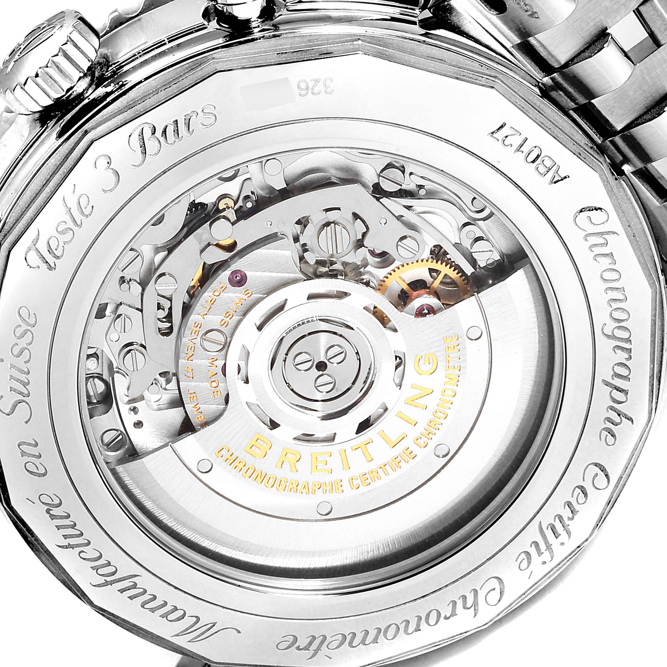 The image shows the back view of a Breitling Navitimer AB0127211C1A1 Men
s Stainless Steel Blue Dial AB0127211C1A1 Men
s Stainless Steel Blue Dial watch, displaying its exposed mechanical movement and rotor.